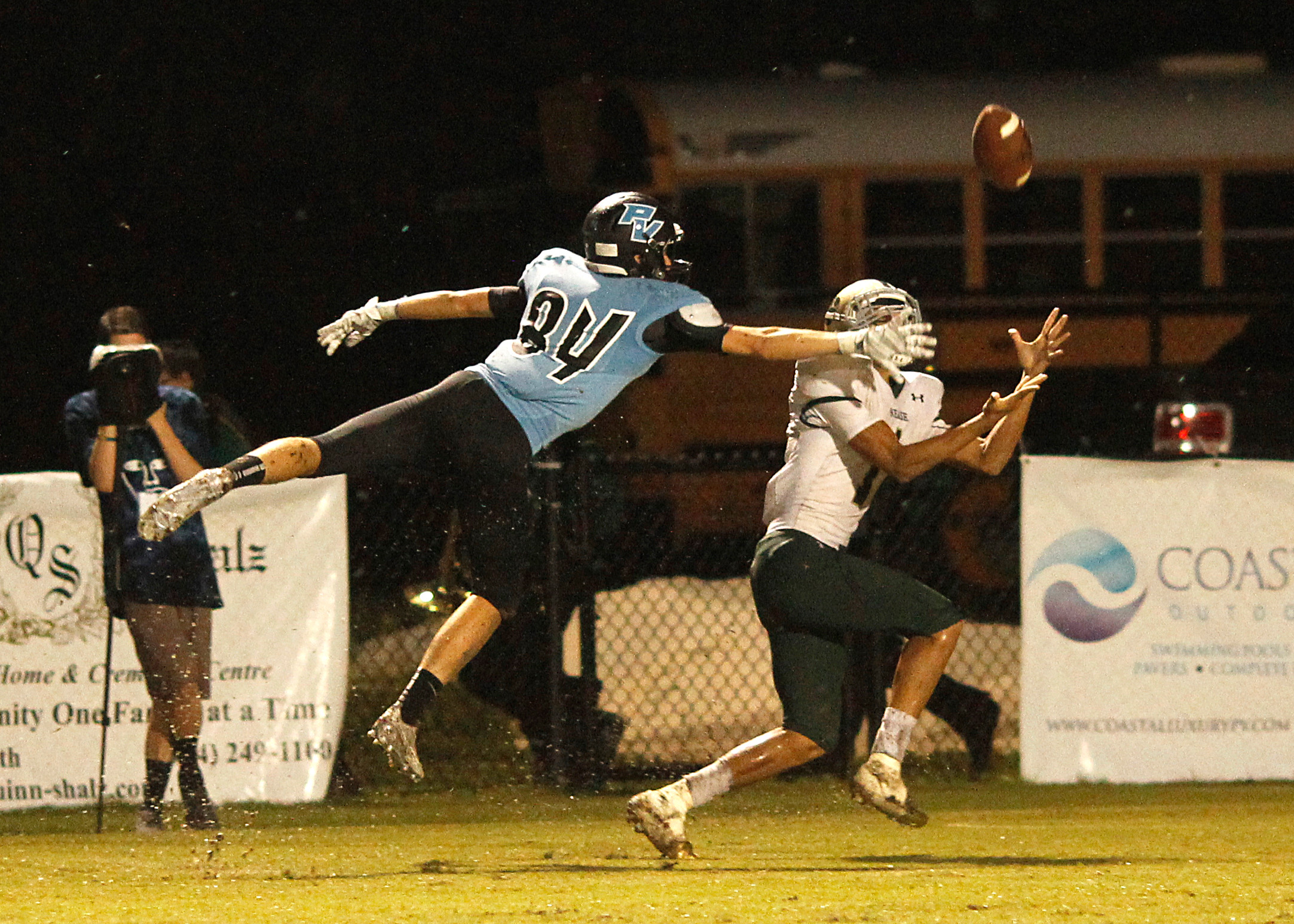 Jarrett Stepp, #84 leaps for a pass near the goal line but the ball is intercepted by Nease