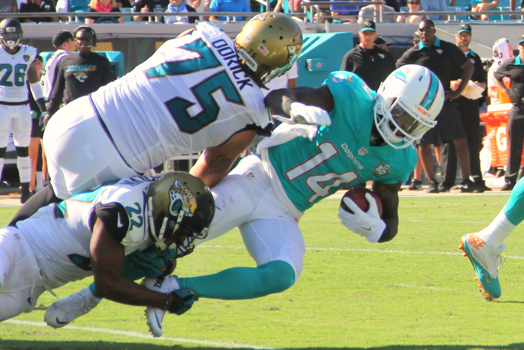 Miami’s leading receiver, No. 14 Jarvis Landry, made eight catches for 110 yards in 23-20 the loss to the Jaguars.