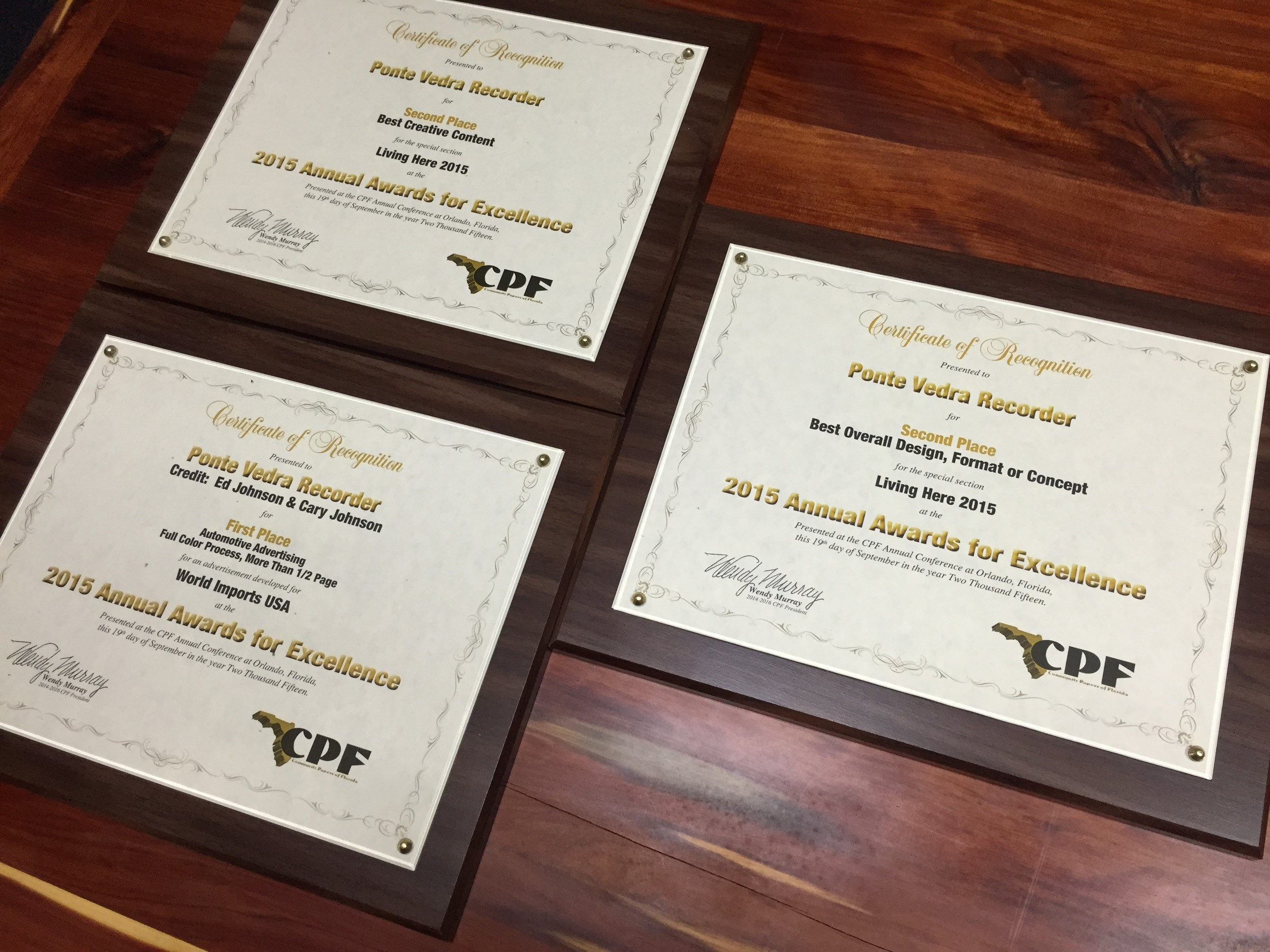 Awards included first-place recognition for an advertisement in the Ponte Vedra Recorder, and second place for Best Overally Design, Format or Concept for the annual publication, Living Here.