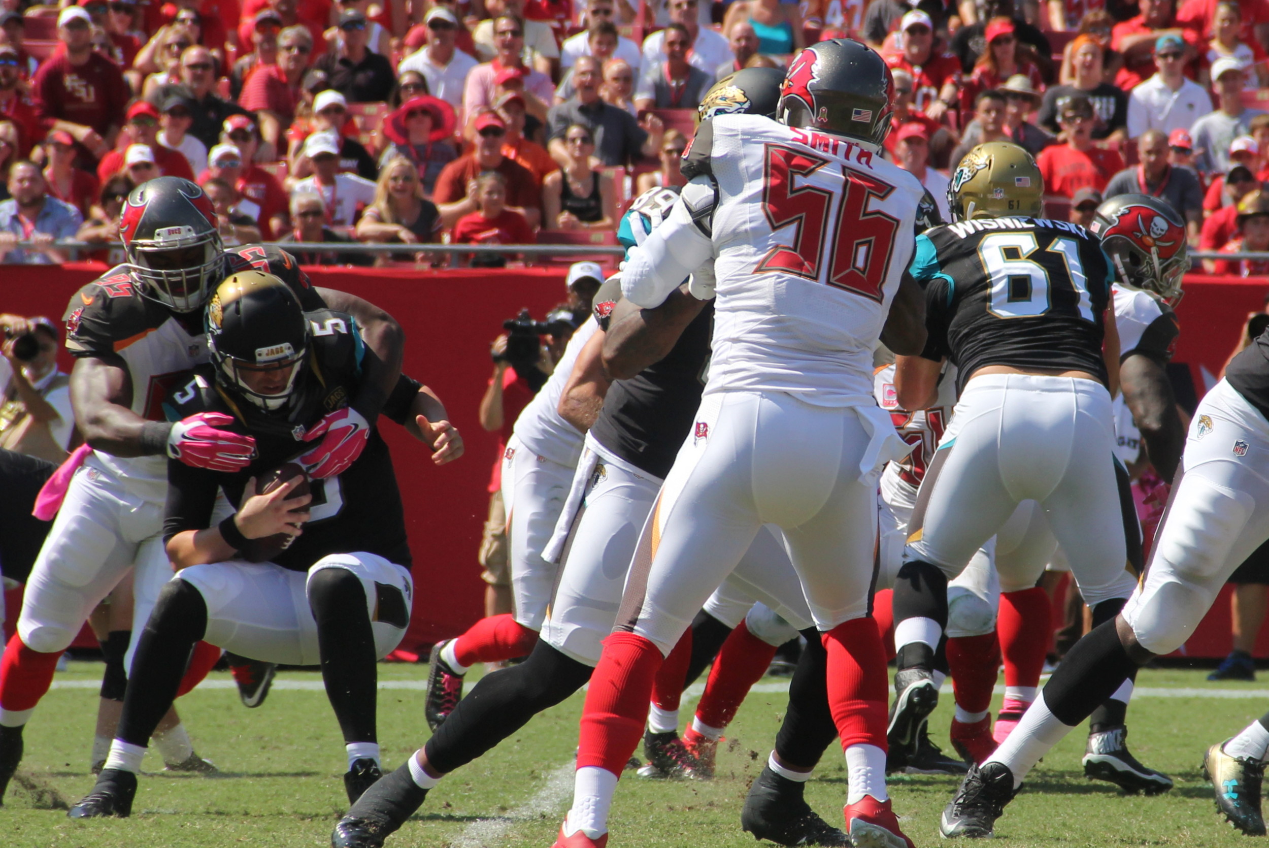 Jacksonville QB Blake Bortles was sacked a season high six times. He sprained his throwing shoulder Sunday in the 38-31 loss to Tampa Bay.