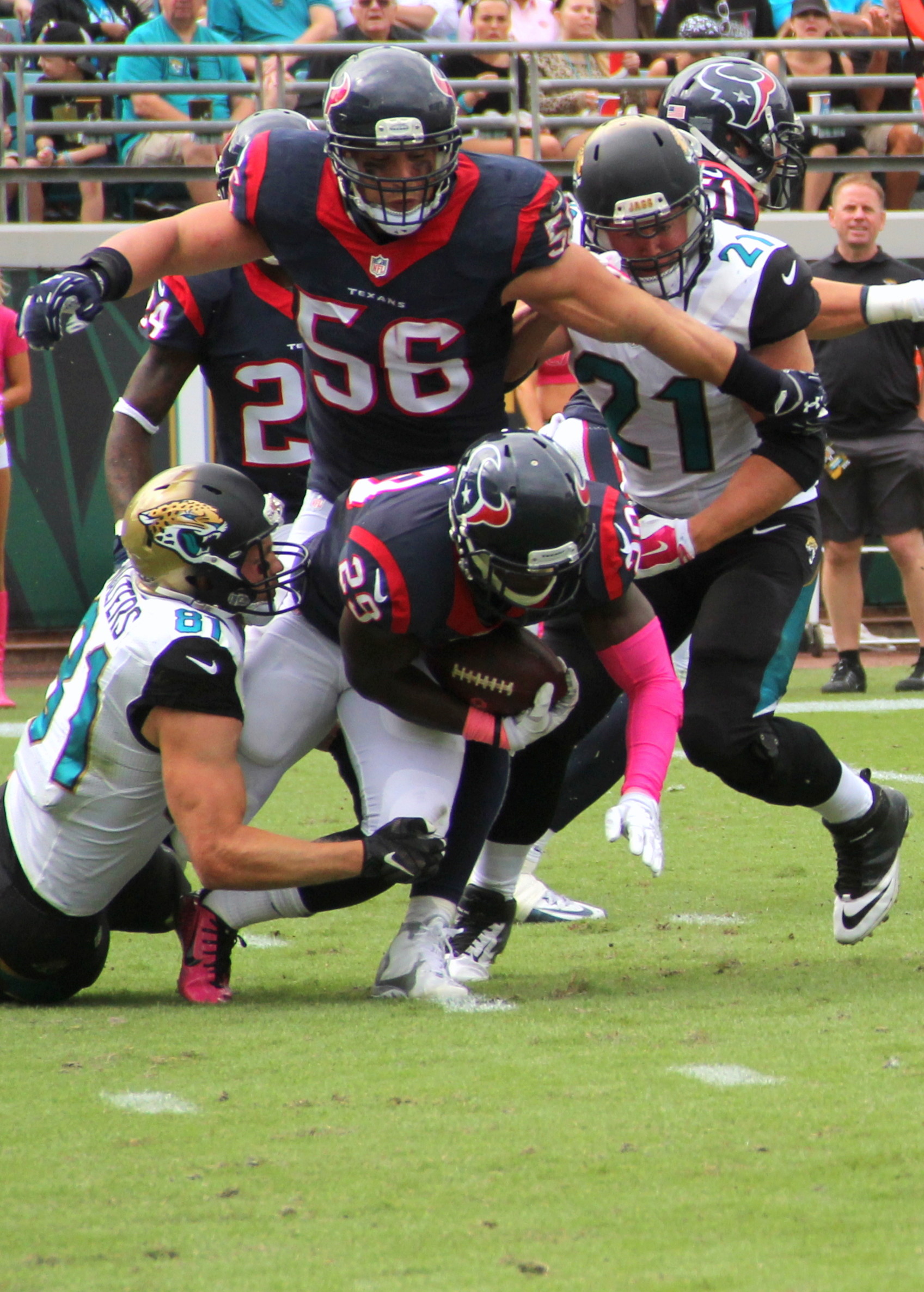 Houston defensive back Andre Hal, No. 29, out of Vanderbilt, had two of interceptions against the Jaguars. He ran one back for a 41-yard TD in the Texans 31-20 win.