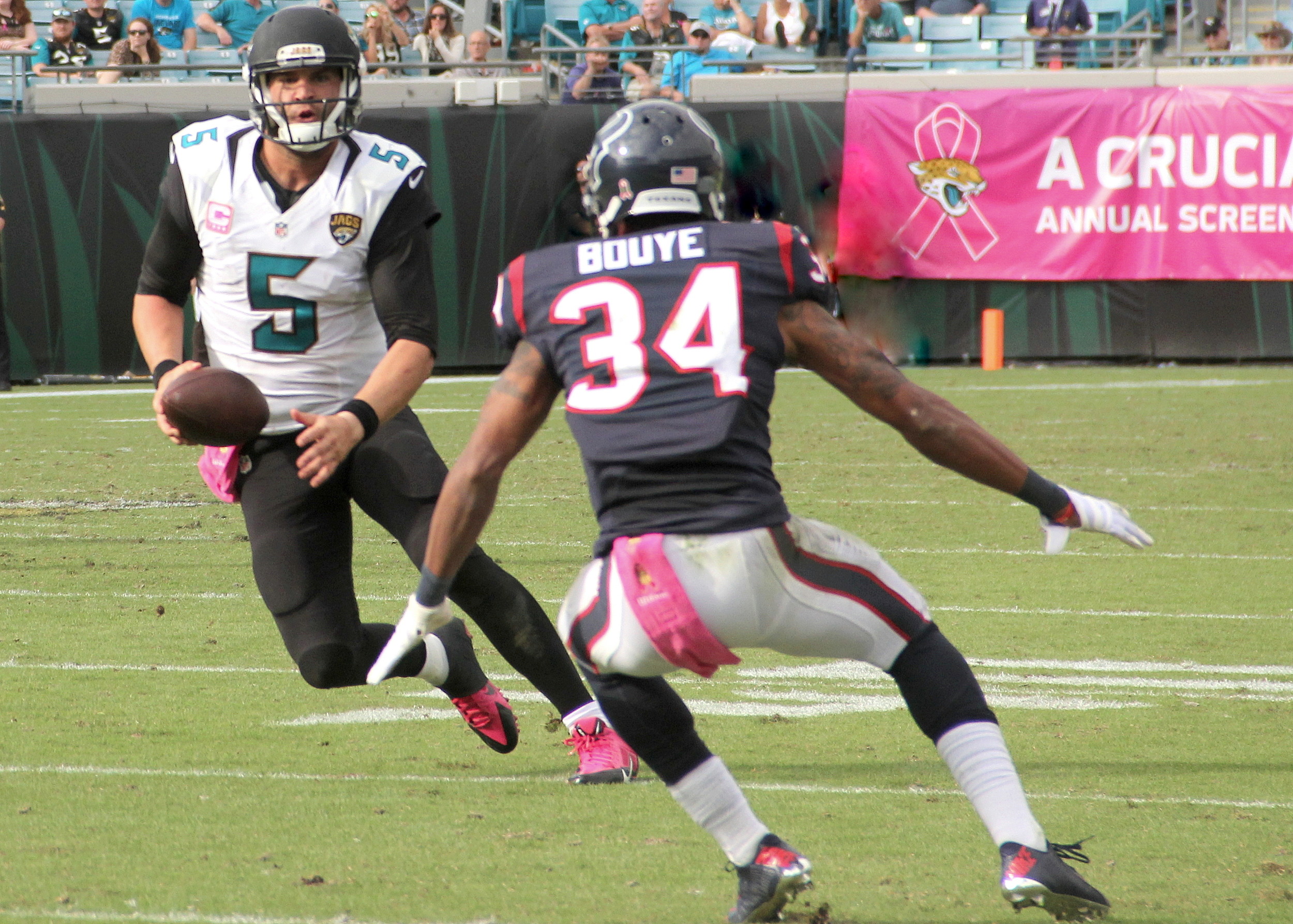 Jaguars’ QB Blake Bortles was 23 of 53 for 336 yards, was sacked twice and threw three interceptions.