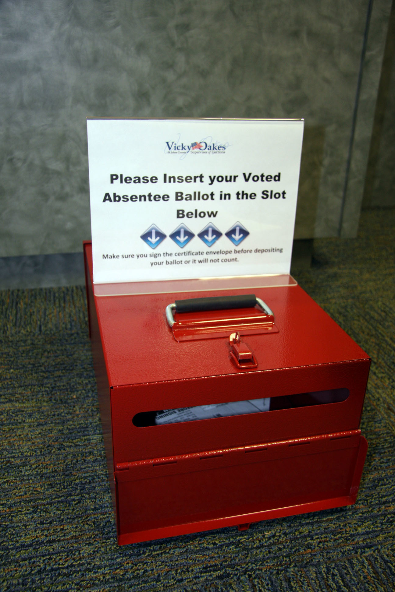 Red absentee ballot drop boxes available through Nov. 3rd. The drop boxes are available at all public libraries, St. Aug. Beach City Hall and the Ponte Vedra & Julinton Creek Tax Offices during their regular business hours.  They will be picked up on election day (Nov. 3rd) at 5 p.m.