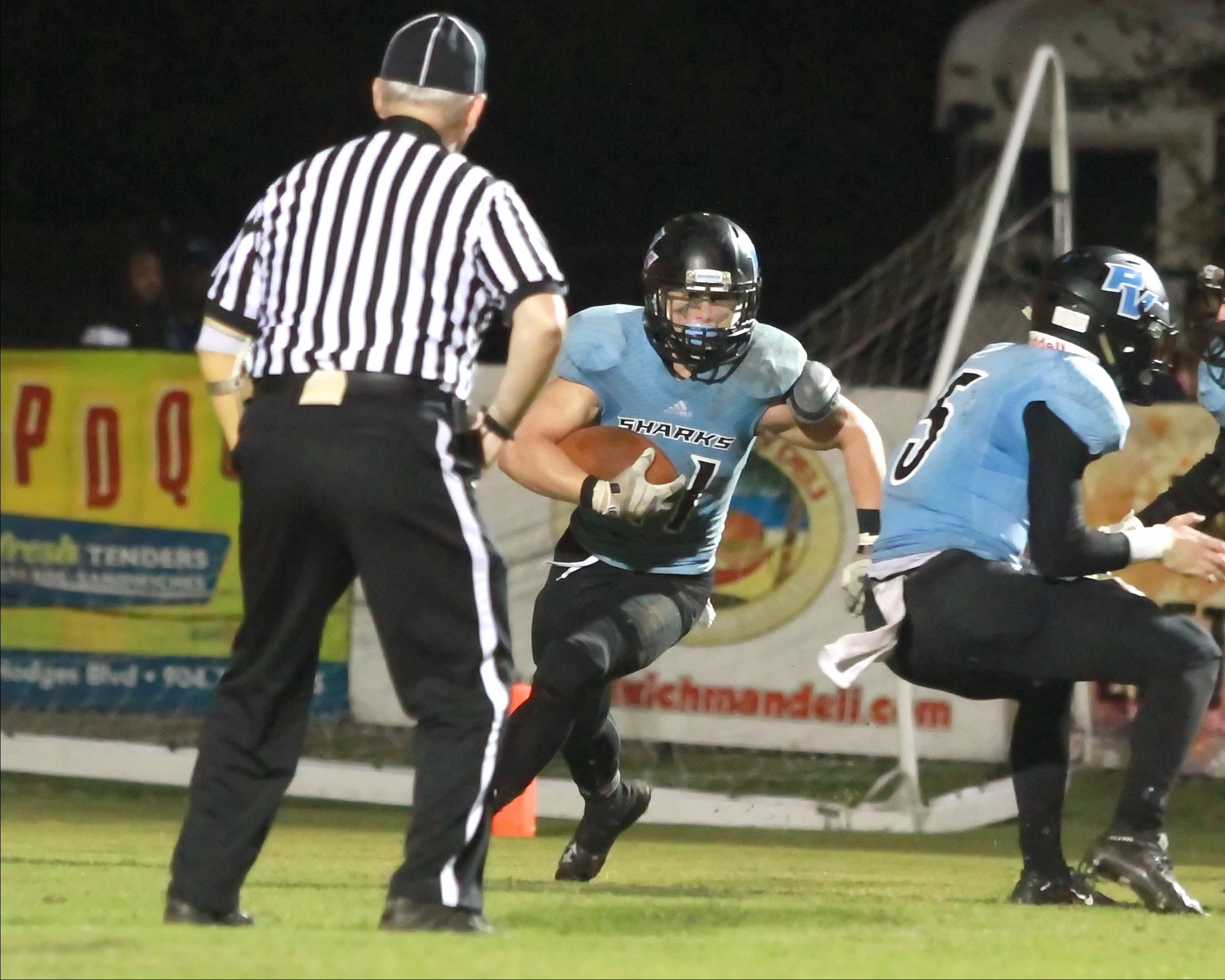 The Sharks’ Andrew O’Dare intercepts a Ribald pass in the end zone.