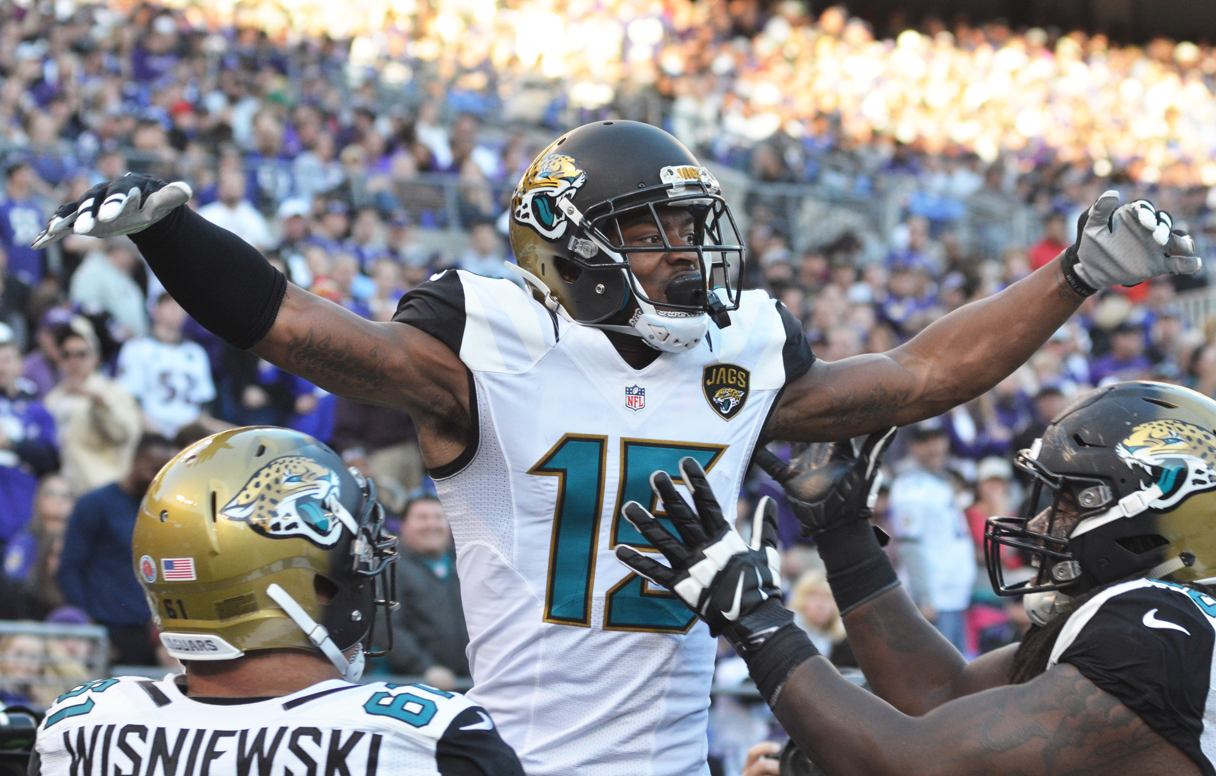 Jaguars wide receiver Allen Robinson had five catches for 51 yards with a touchdown on Sunday. With the win over Baltimore Jacksonville (3-6) snapped a 13-game losing streak on the road.