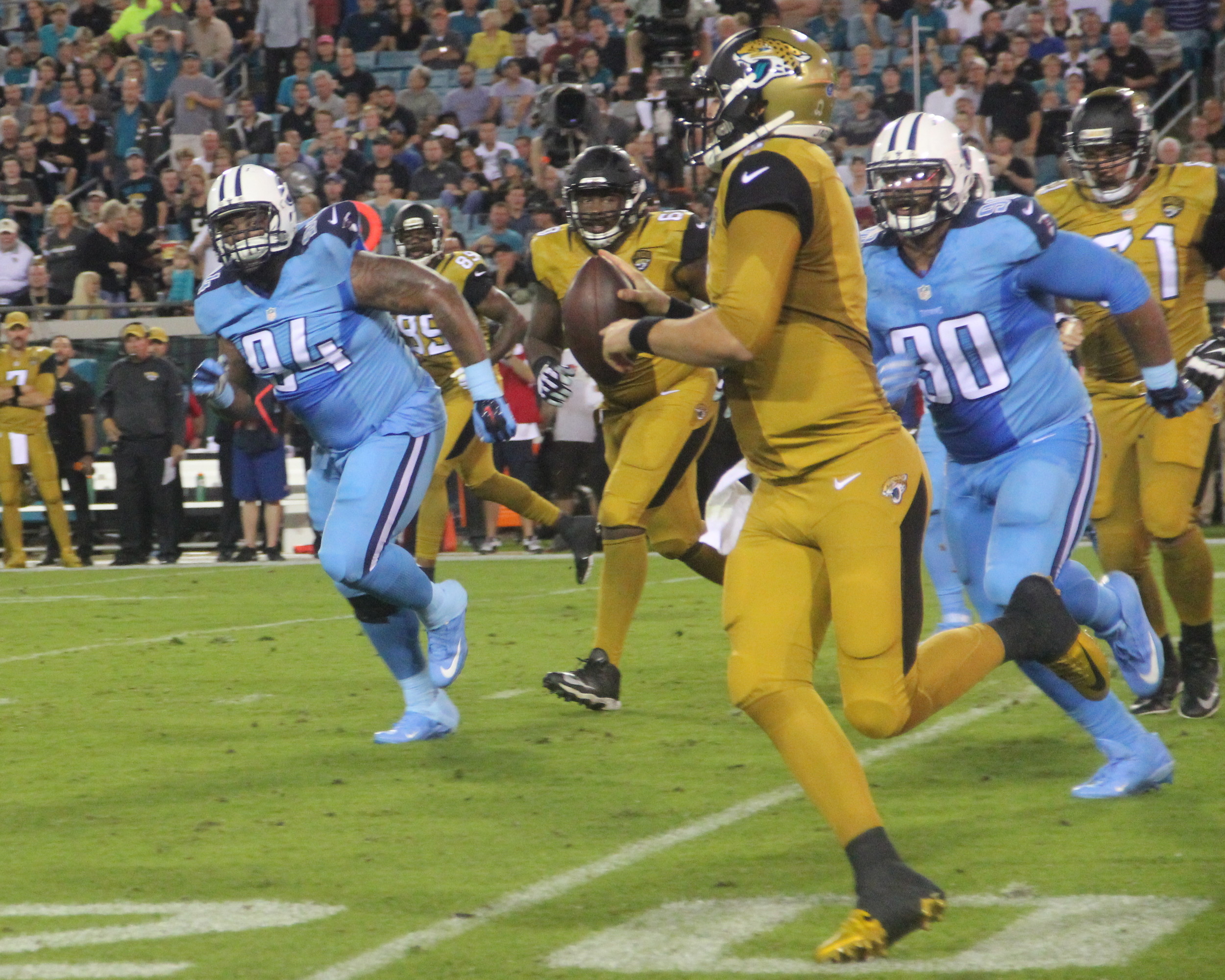 In the 19-13 win over the Titans Jacksonville quarterback Blake Bortles was 21-of-30 for 242 yards, with a fumble, and interception and a touchdown pass to tight end Julius Thomas. (Photo by Nancy Beecher)