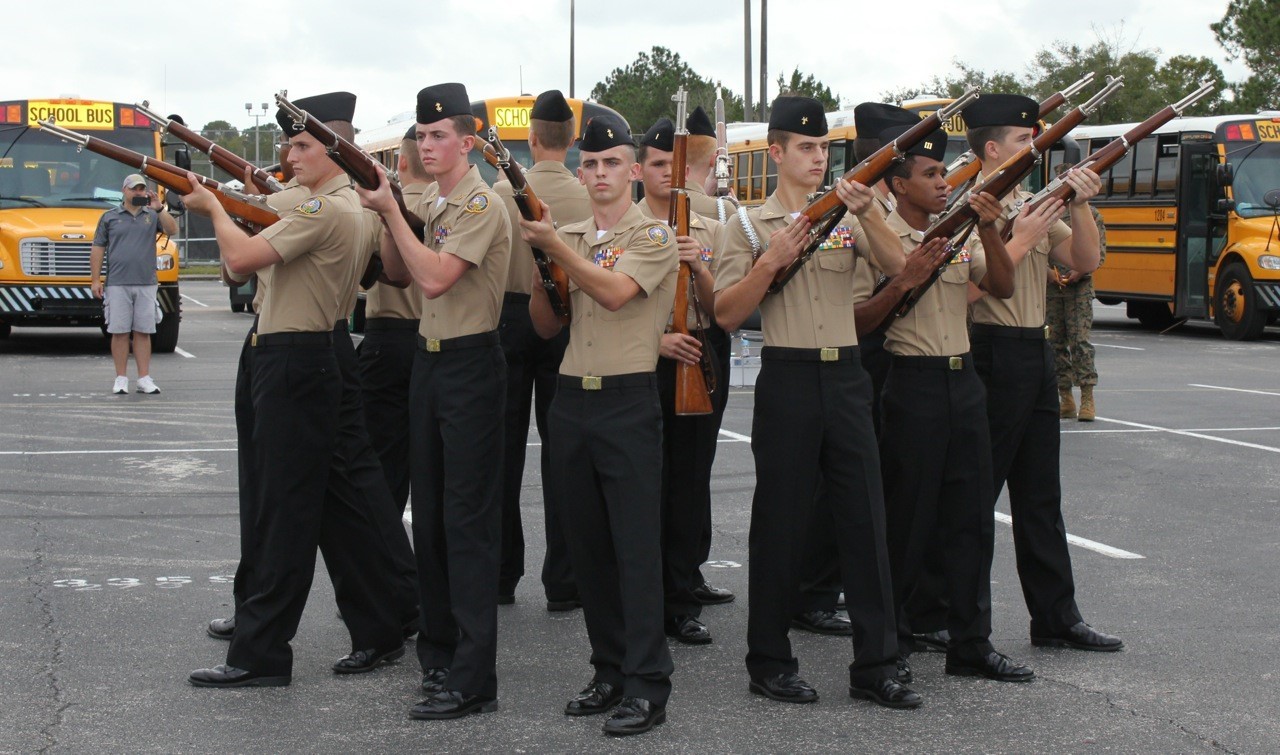 Nease NJROTCís Armed Exhibition drill team performs its winning routine during the Mandarin JROTC Drill Meet on November 21.