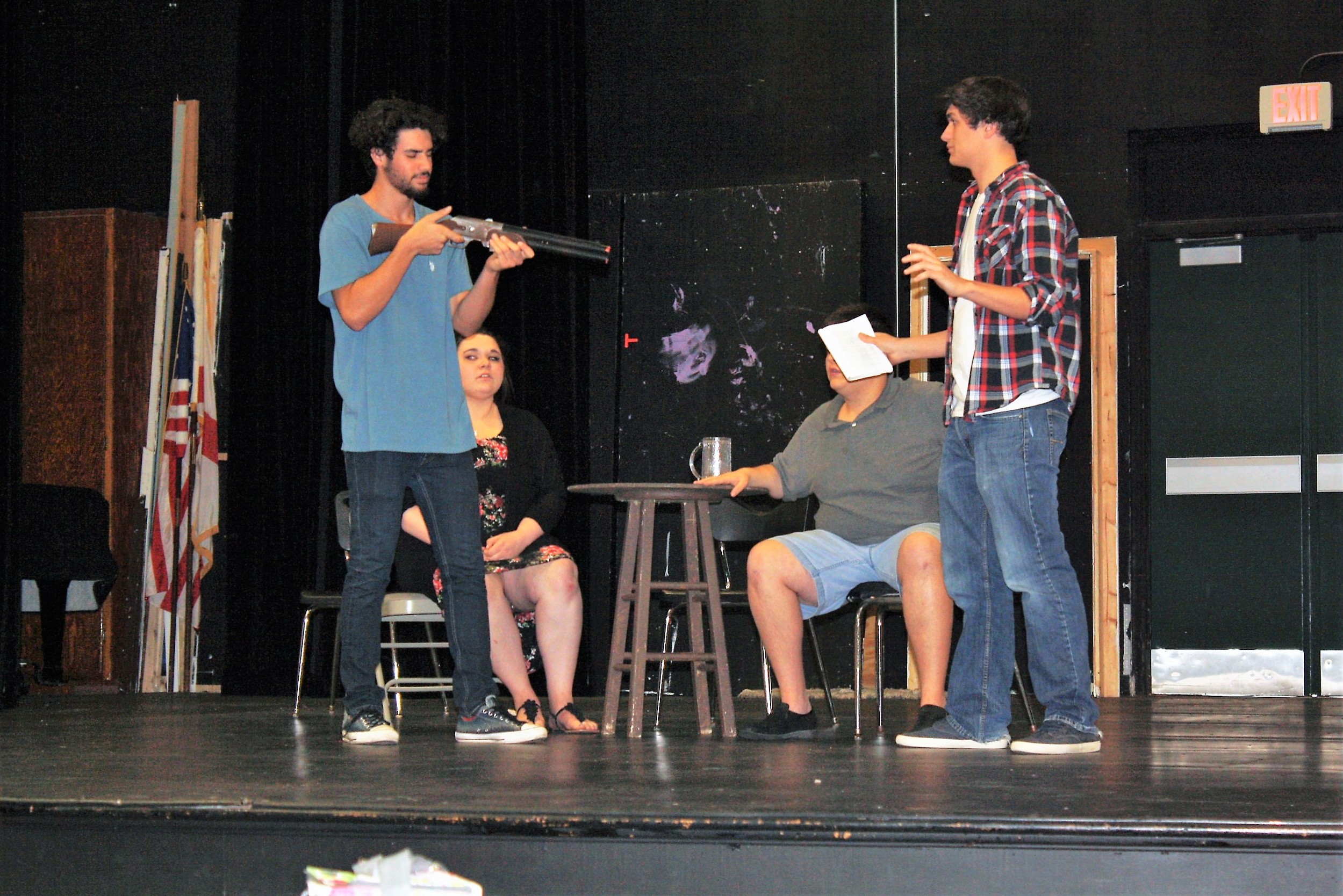 Nease drama students rehearse for the upcoming production of The Crucible. Standing: Sebastian Conte and Grant Burmeister. Seated: Brianna Sprague-Triplett and Jacob Alward.