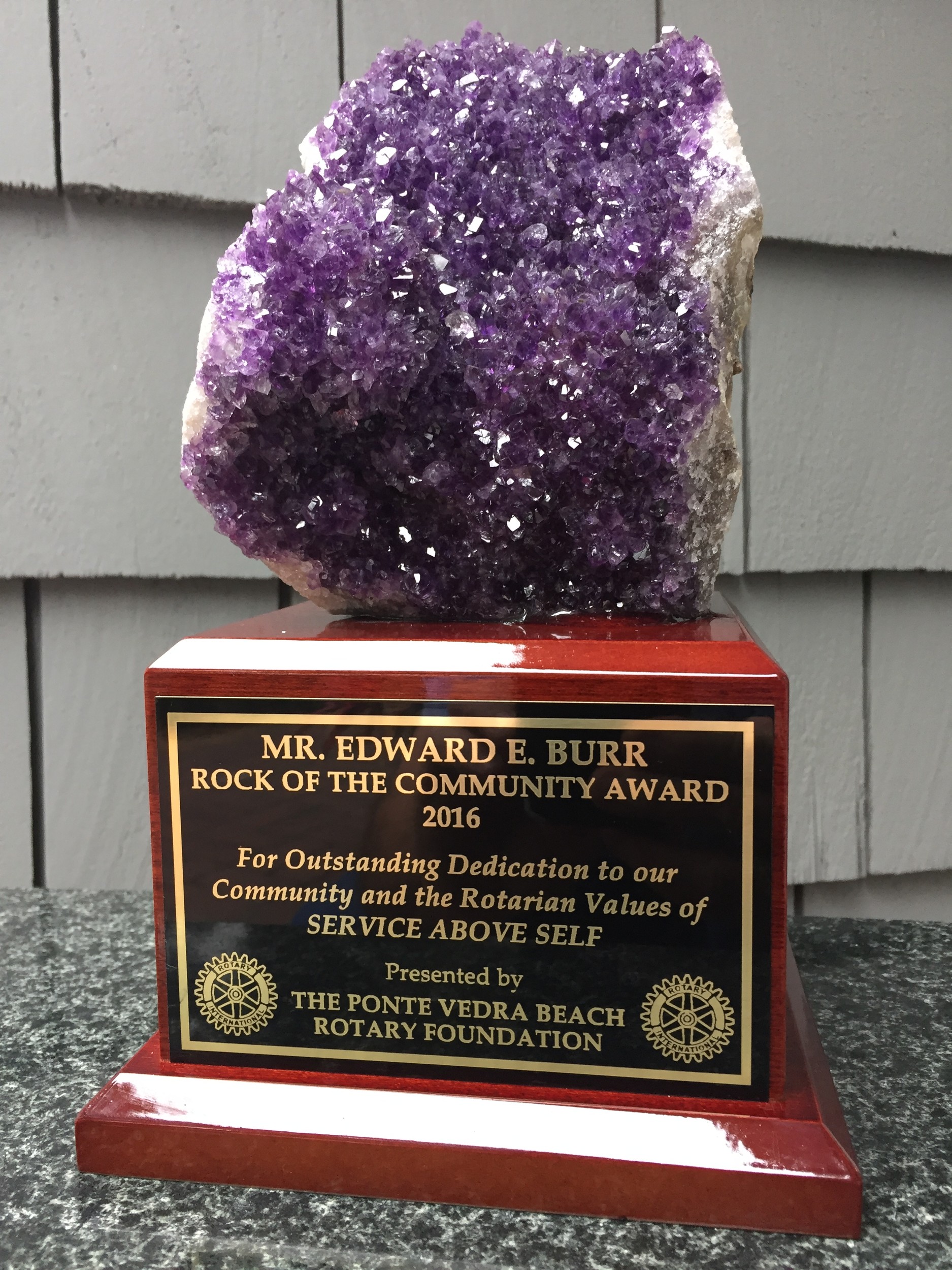 Award given to Ed Burr, honoree of the evening, for his achievements in civic leadership.