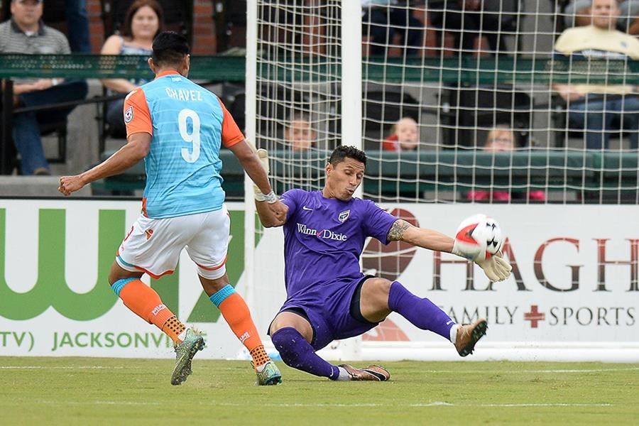 Jacksonville goalkeeper Miguel Gallardo makes one of his acrobatic saves, a scene he would repeat several times in the match.