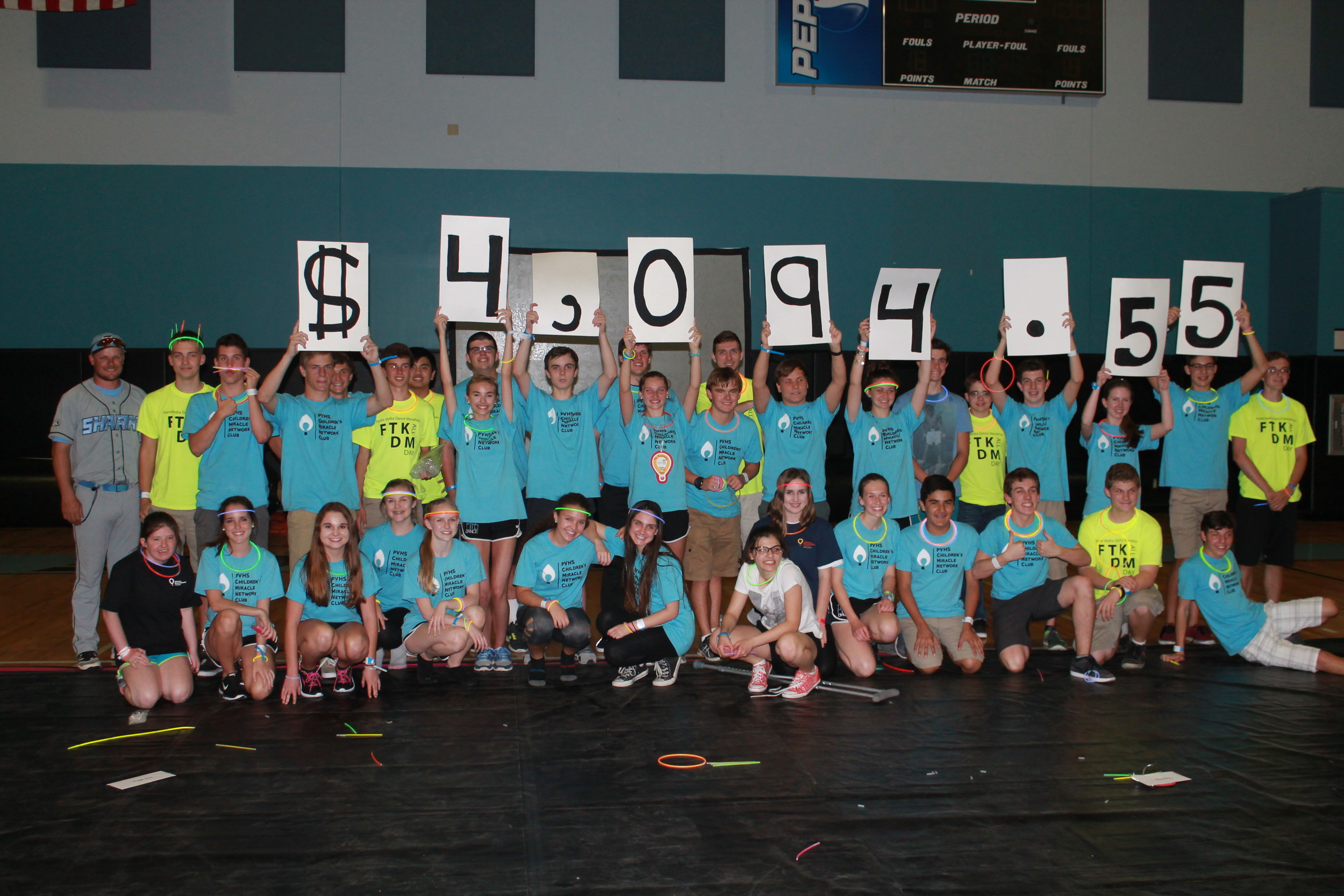 PVHS students display the total amount raised at their recent dance marathon held to benefit the Children’s Miracle Network