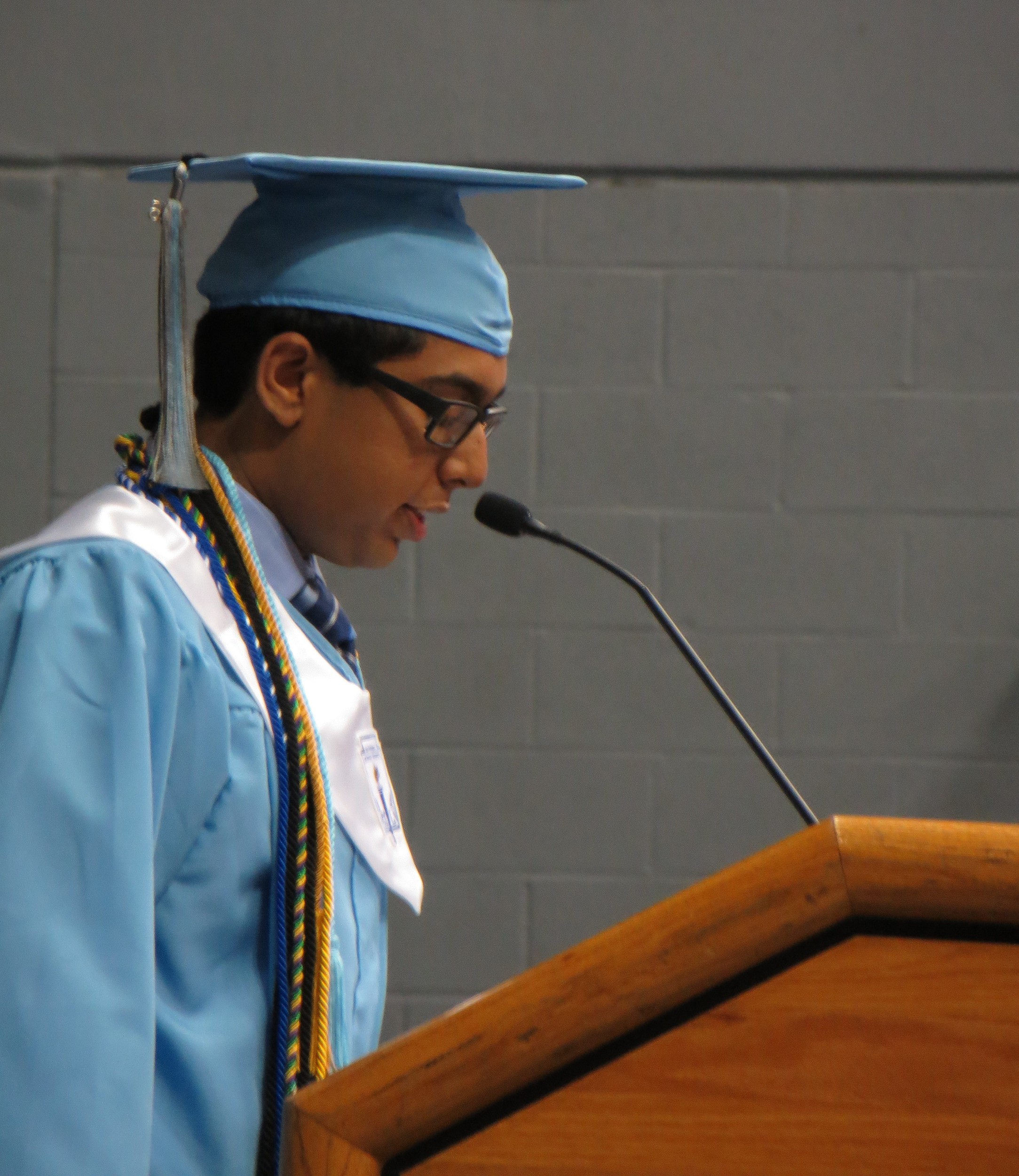 Abhimanyu Ahuja, class salutatorian, gives his salutatory address and shares a personal story of his late sister.