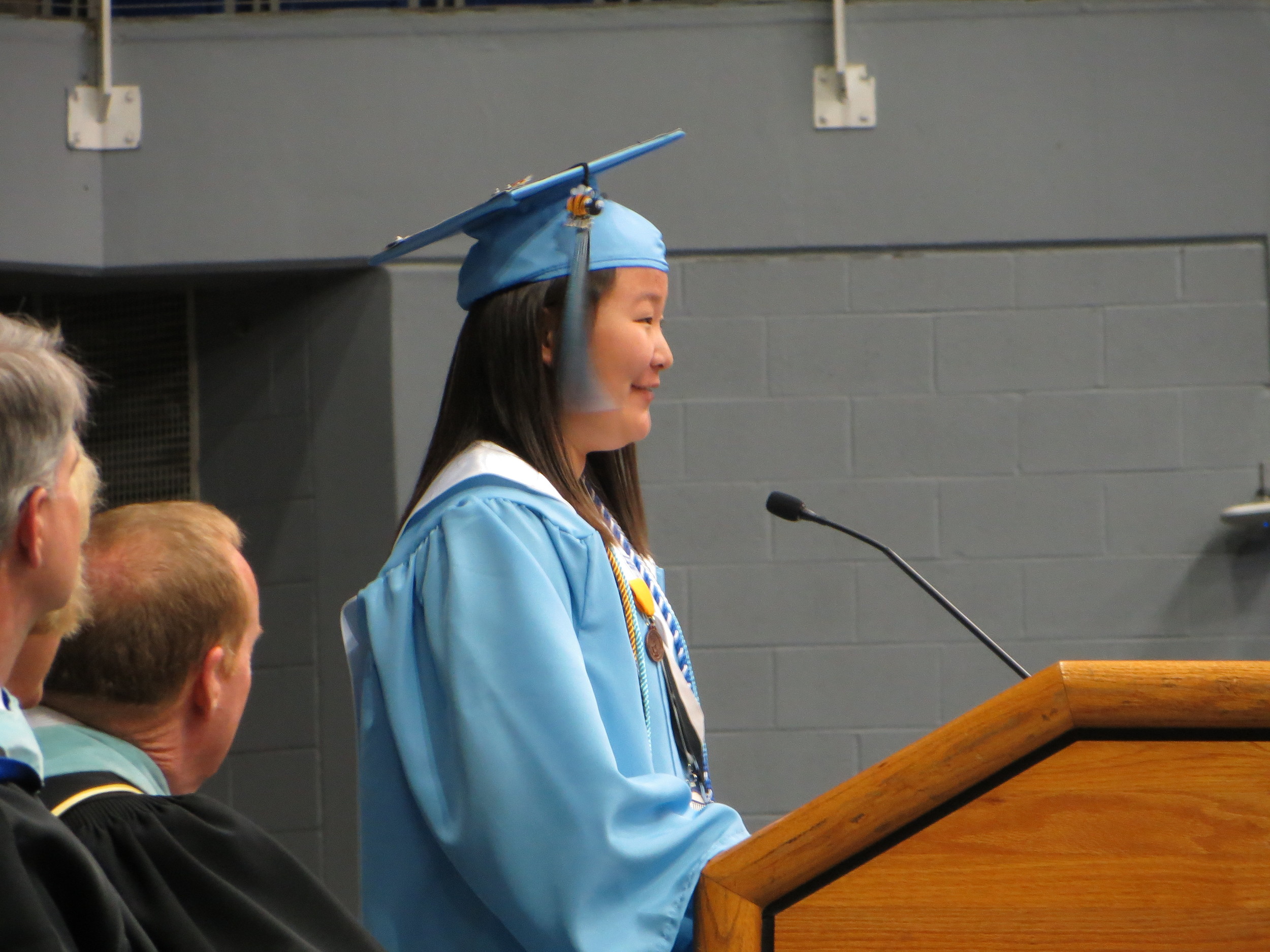 Valedictorian Yooree Ha addresses her class with thanks and well wishes.