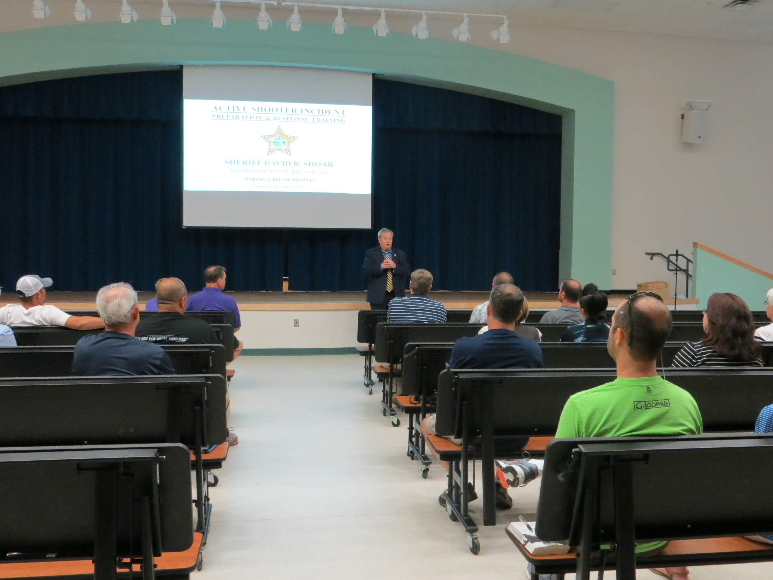 St. Johns County Sherriff David B. Shoar talks to a group of about 20 members of the community who turned out for the first in a series of Active Shooting Incident Seminars to be held throughout the county.