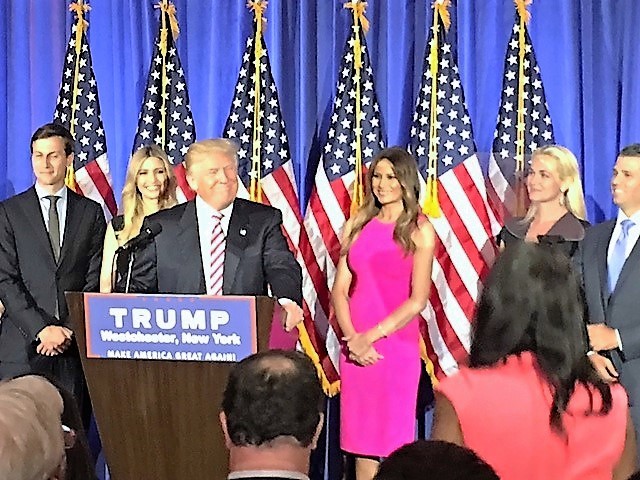 Republican presidential candidate Donald Trump addresses supporters and the media at a June 7 victory speech in New York.