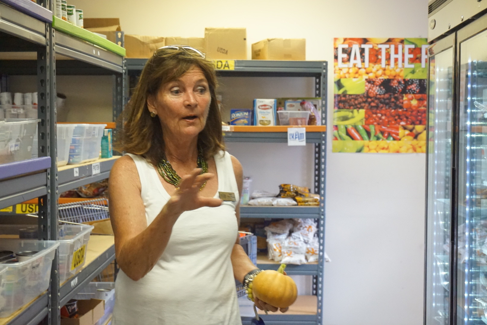 Mary Ellen Waugh explains the food pantry's offerings