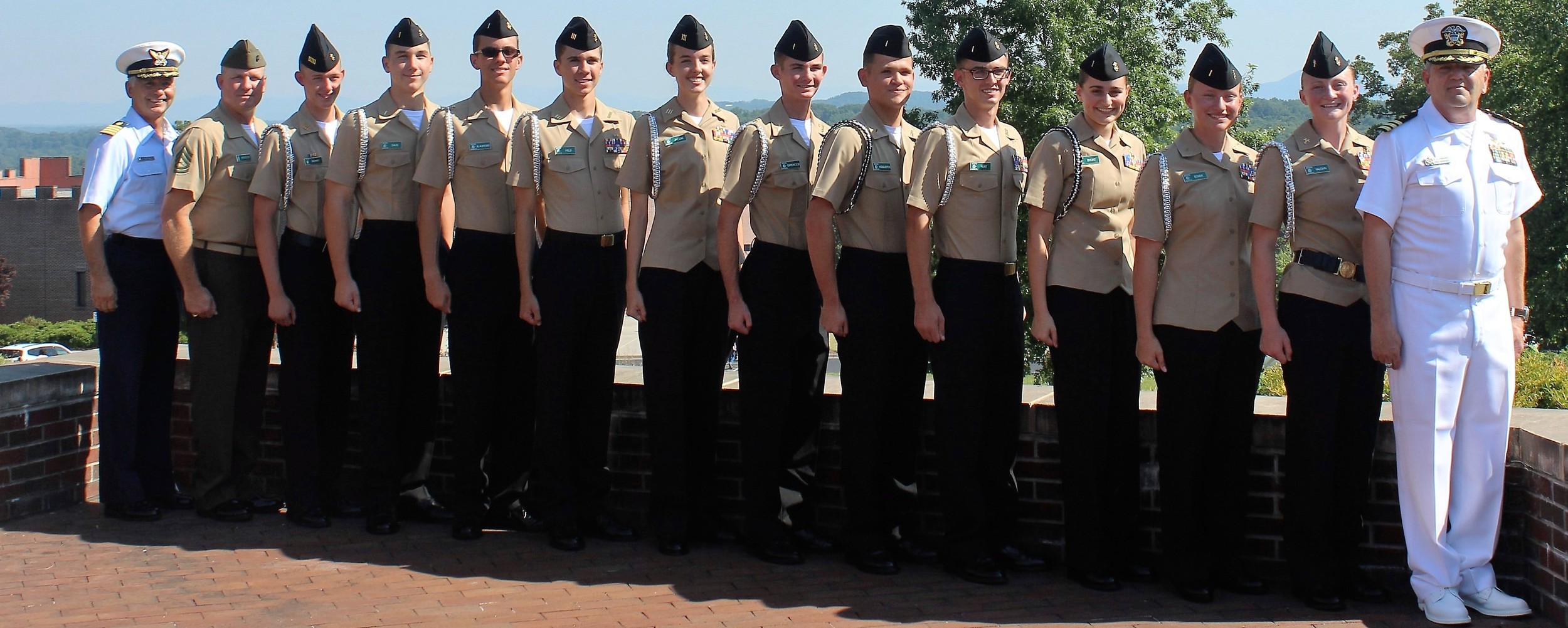 Nease NJROTC instructors and cadets participated in the seven-day Area-12 Leadership Academy and CO/XO School at Riverside Military Academy in Gainesville, Georgia. Standing (l-r) Captain Scott LaRochelle, Gunnery Sergeant Duane Hanson, Cadets Ryan Berry, Mac Davis, Justin Blackford, Lucas Pels, Isabelle Jacobi, Jesse Gatewood, Anthony Huddleston, Jacob Hunt, Aberlyn Short, Krista Ecker, Cali Vaughn and Area-12 Manager Commander Rustie Hibbard.