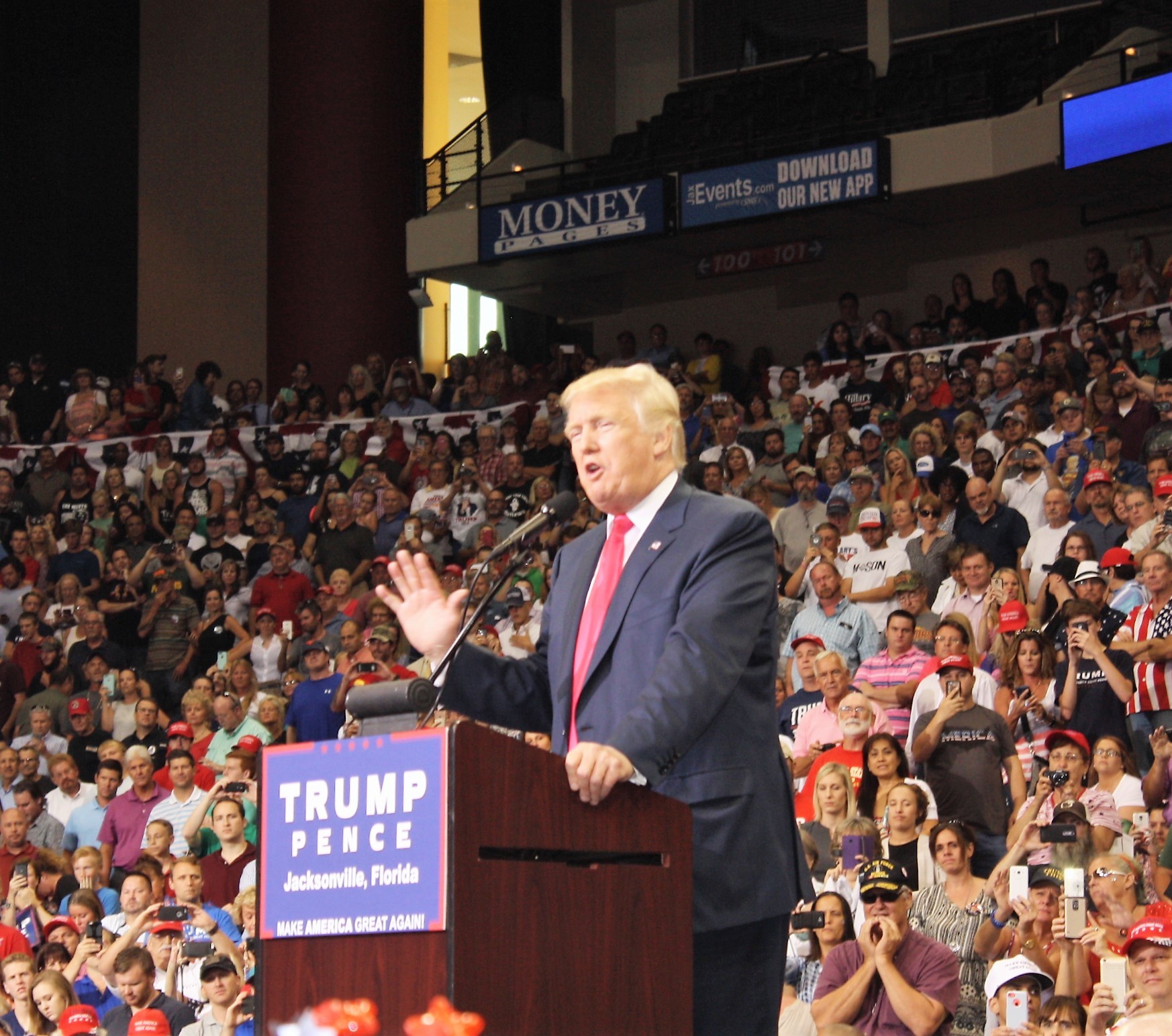 Presidential nominee Donald Trump addresses the crowd Aug. 3 at Jacksonville’s Veterans Memorial Arena.