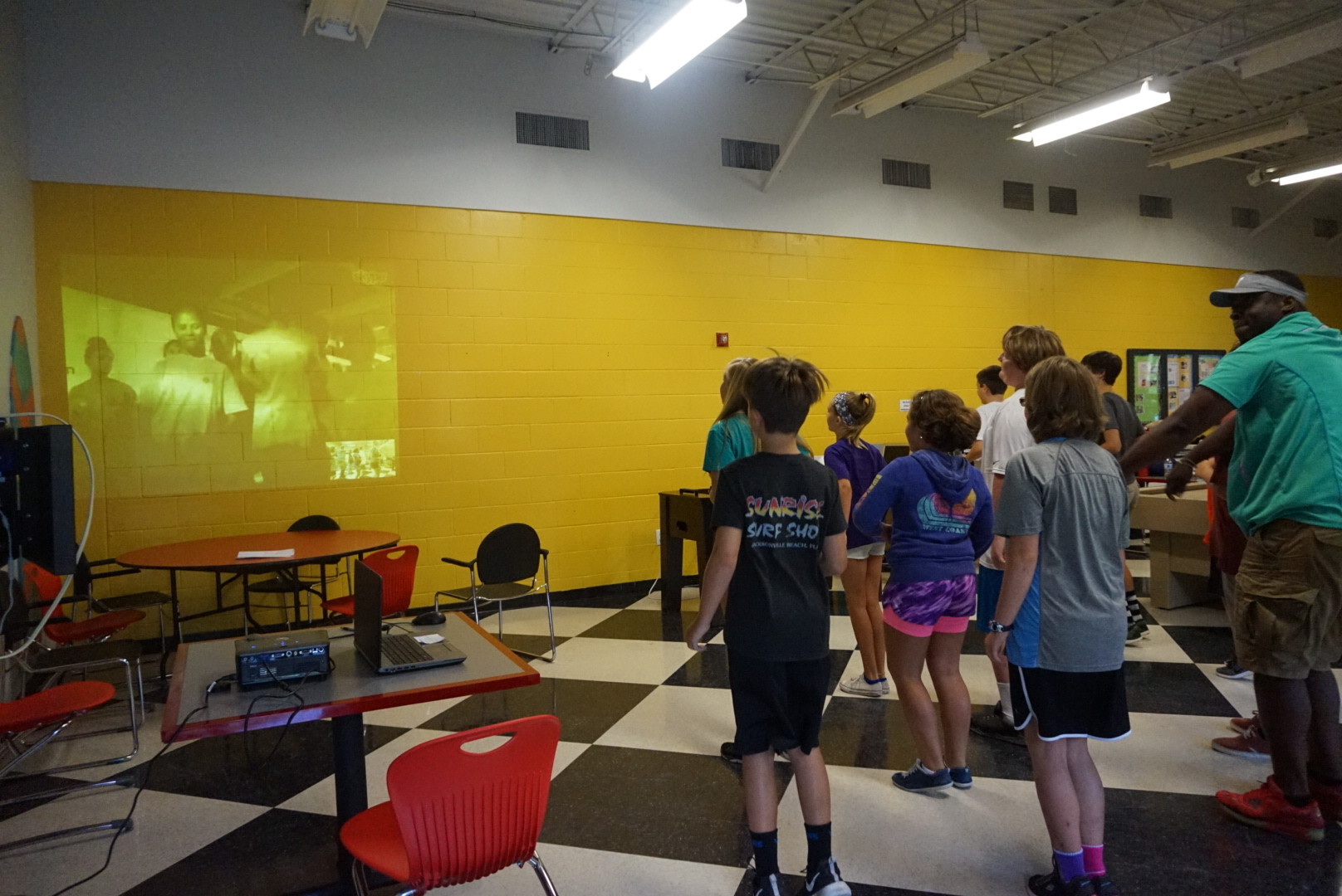 Ponte Vedra YMCA campers face the wall during their routine, where the Skype call has been projected