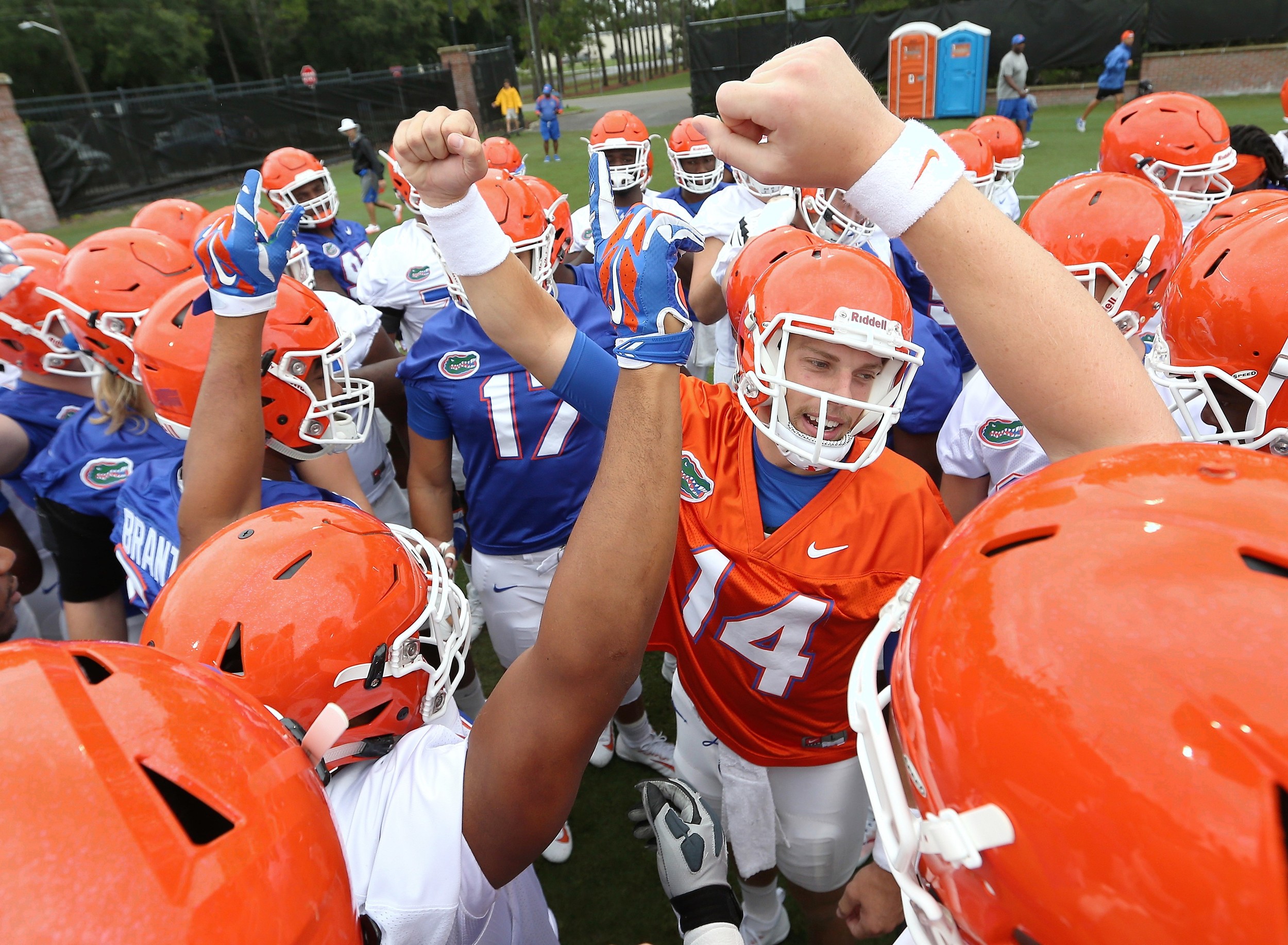 Florida QB Luke Del Rio, No. 14, leads the Gators at practice and looks like their starter on Sept. 10. (Photo by Tim Casey)