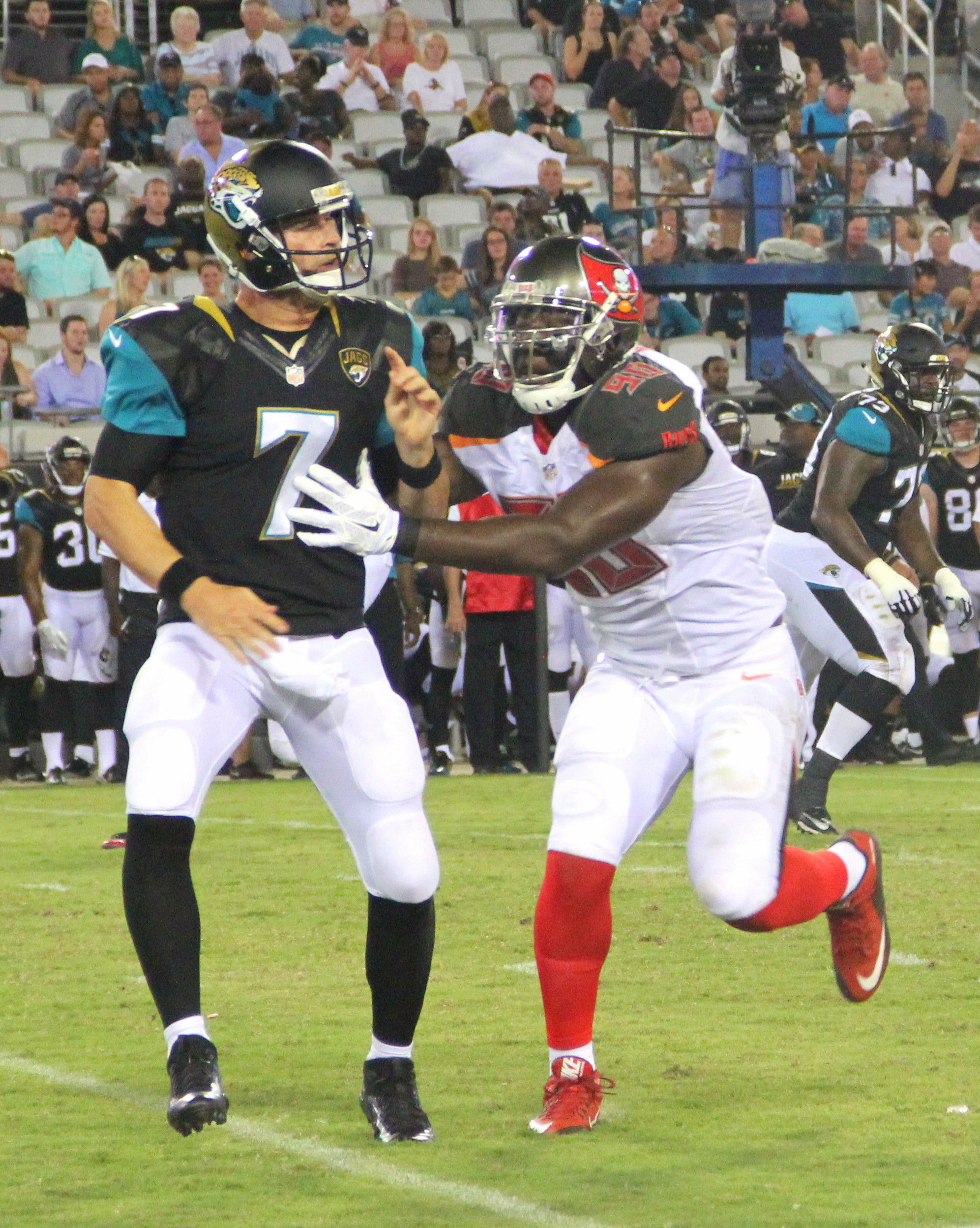 Jacksonville backup QB Chad Henne, No. 7, pressured by the Bucs defense threw two interceptions to Vernon Hargreaves. The first set up the go-ahead score. Tampa Bay would hold on to the lead and ultimately win, 27-21.