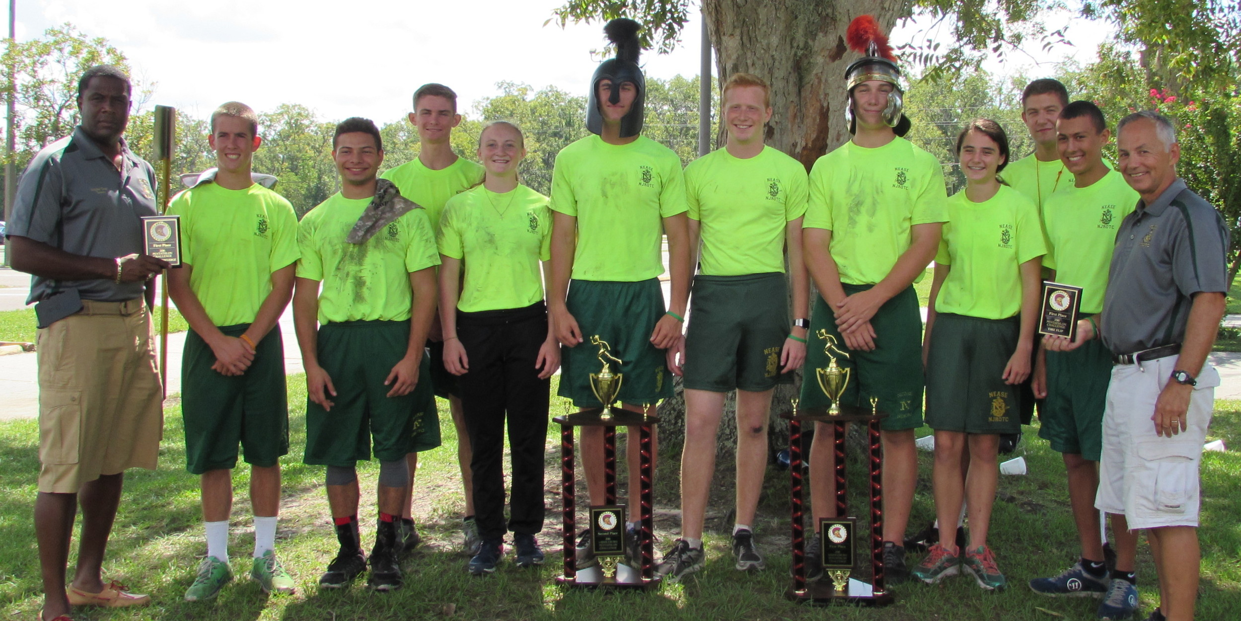 Nease NJROTC’s champion pentathlon teams won first and second place at the 2016 Middleburg Championship. Pictured left to right: Master Chief Petty Officer Duane A. Spears, Cadets Carter Cimaglia, Giovani Fletcher, Jesse Gatewood, Cali Vaughn, Justin Blackford, Brian Swicegood, Mackenzie Davis, Erin Sass, Matthew Moorefield, team alternate Chris Gilmer, and Capt. Scott LaRochelle.