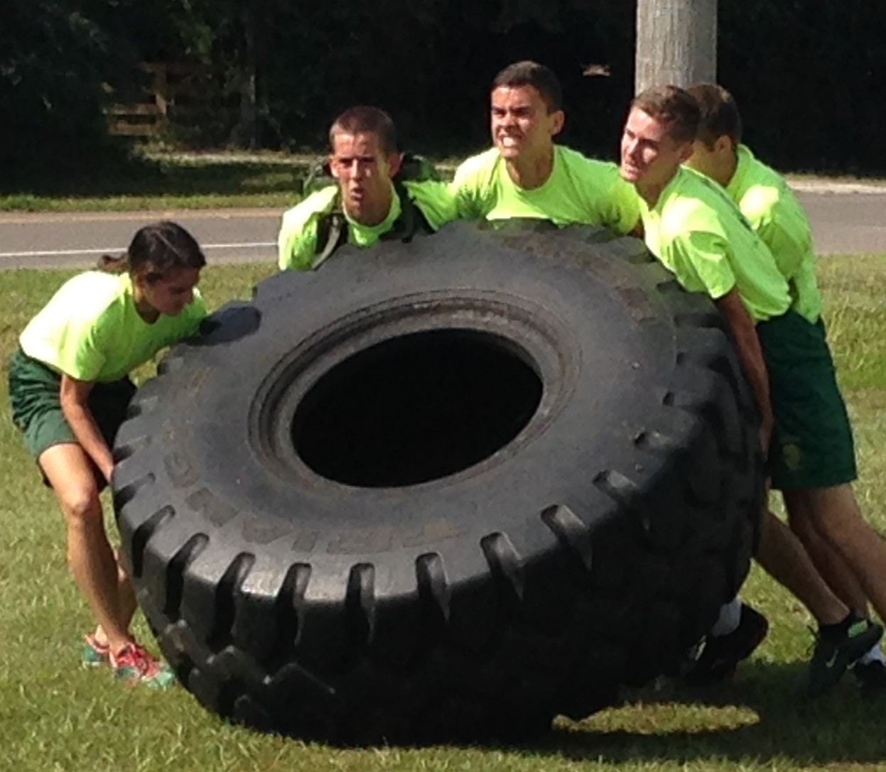 Nease NJROTC’s Team B competes in the tire flip with the event winning time of 42 seconds. Pictured left to right: Cadets Erin Sass, Carter Cimaglia, Justin Blackford, Matthew Moorefield and Jesse Gatewood. Nease’s two teams finished first and second in the 14-team competition.