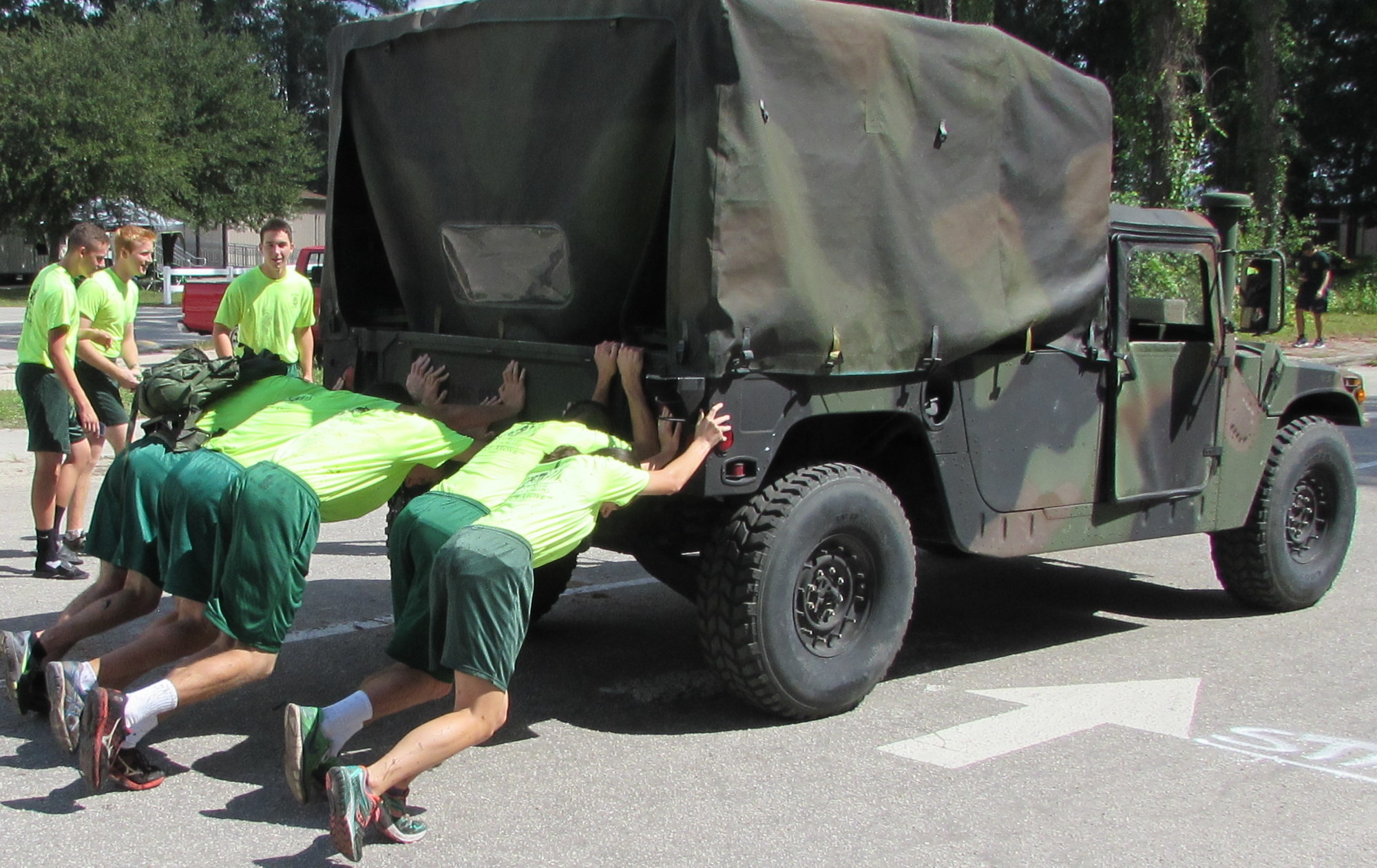 Nease NJROTC competes in the Humvee push during the Middleburg Pentathlon Championship. Nease’s two teams finished first and second in the 14-team competition.