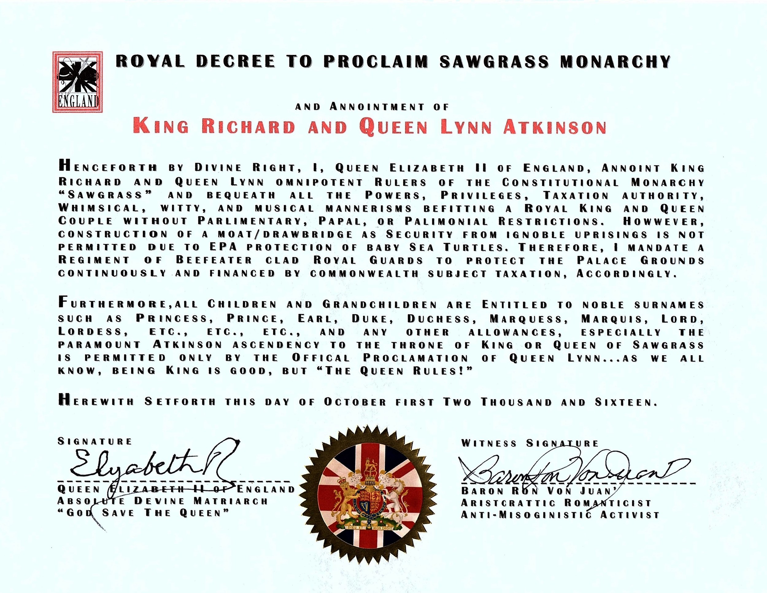 Friends and neighbors presented Atkinson and his wife, Lynn, with a “royal decree” proclaiming them to be king and queen of Sawgrass.