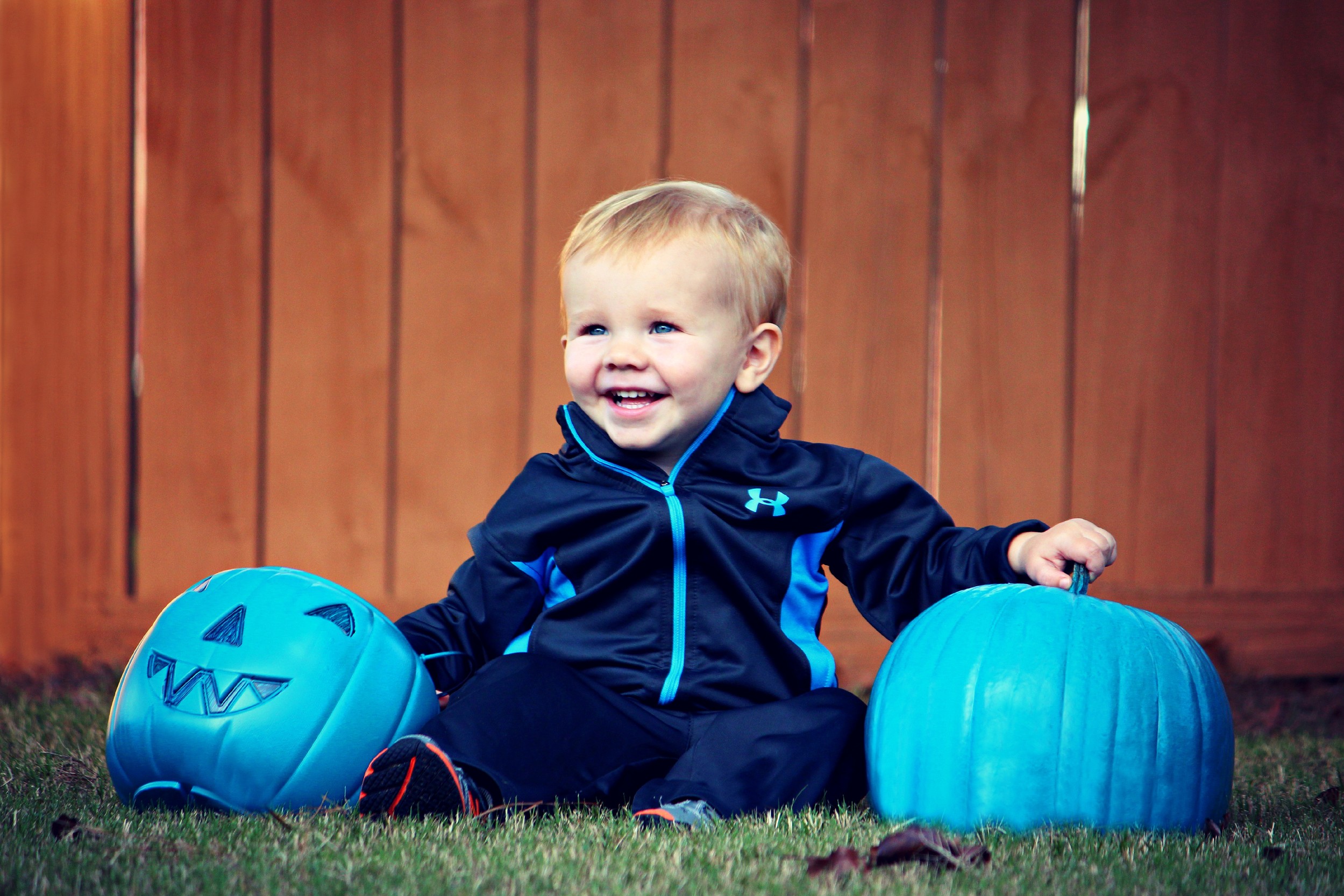 Jake Lunsford, 3, with teal pumpkins
