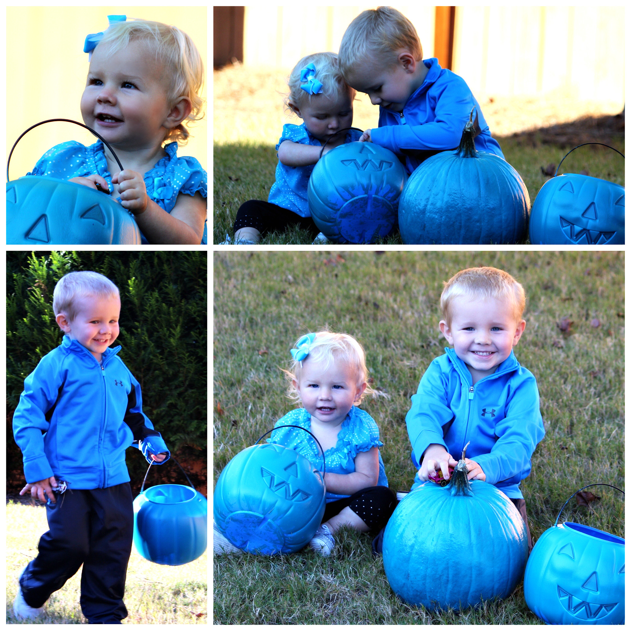 Jake, 3, and Abby, 2, with teal pumpkins