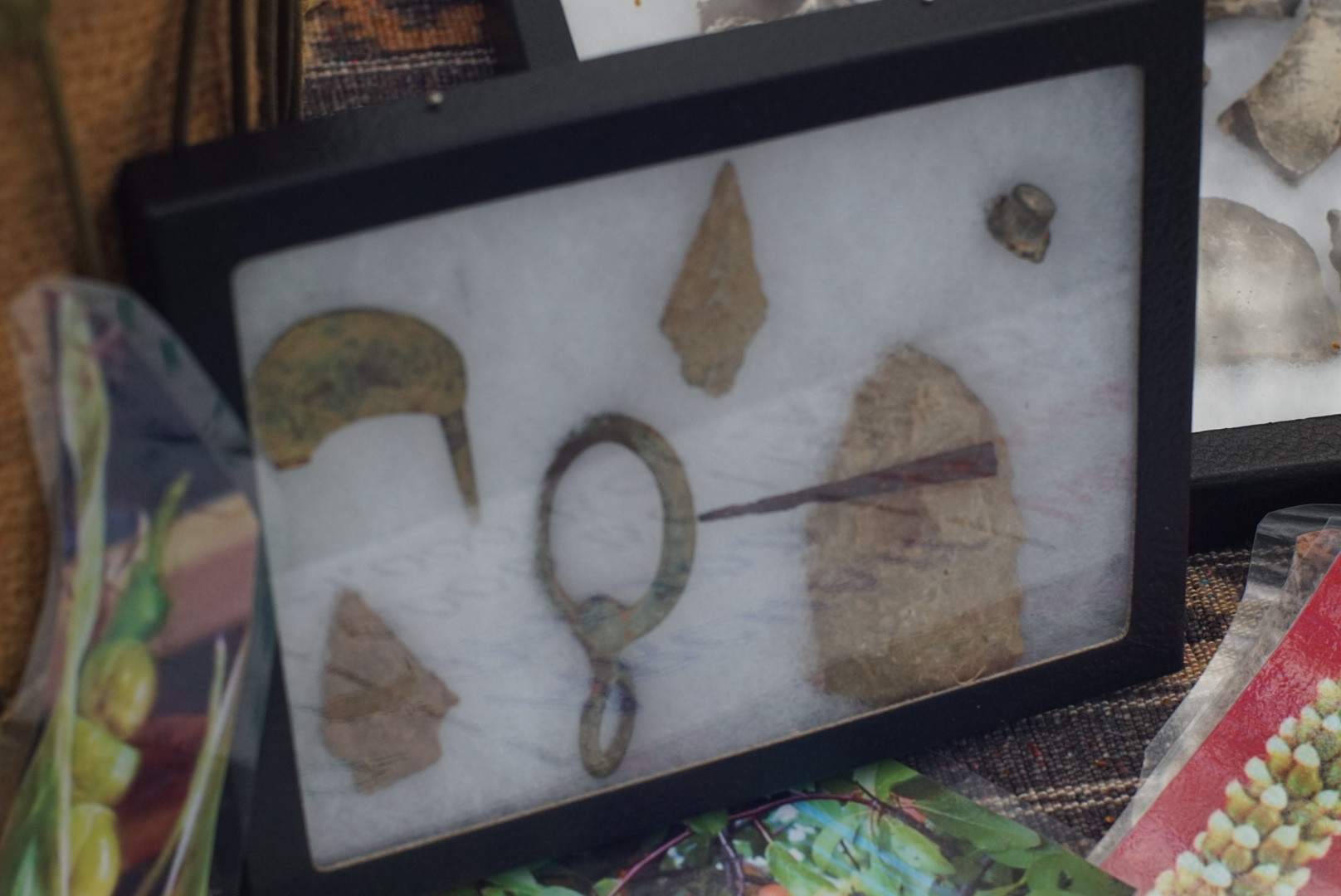 Pottery fragments, arrowheads and other artifacts on display