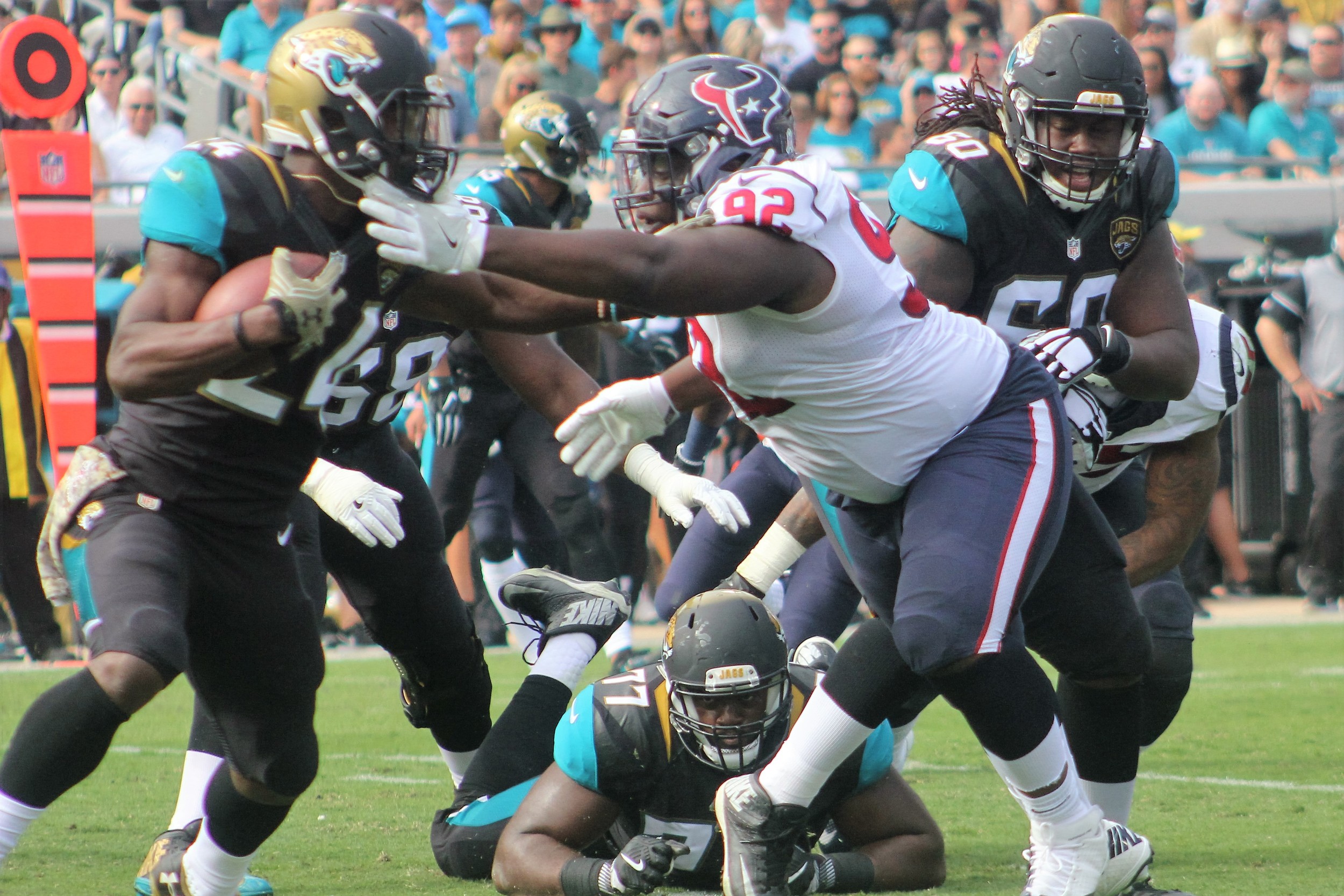 Jacksonville running back T.J. Yeldon (24) rushed nine times for 32 yards and caught 3-of-3 targets for 27 yards in the Jaguars' loss to the Texans.