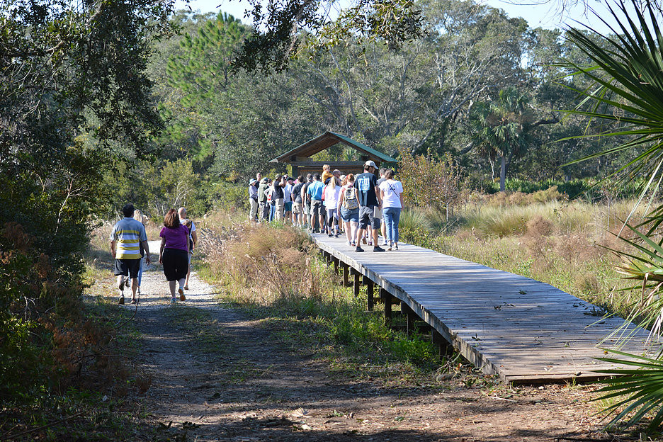 Hikers enjoy a guided tour of the Guana Preserve.