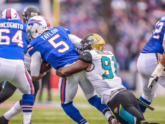 Jaguars defensive end Yannick Ngakoue recorded his sixth sack against the Bills, the most among NFL rookies and one shy of the team’s rookie record set by Tony Brackens in 1996.