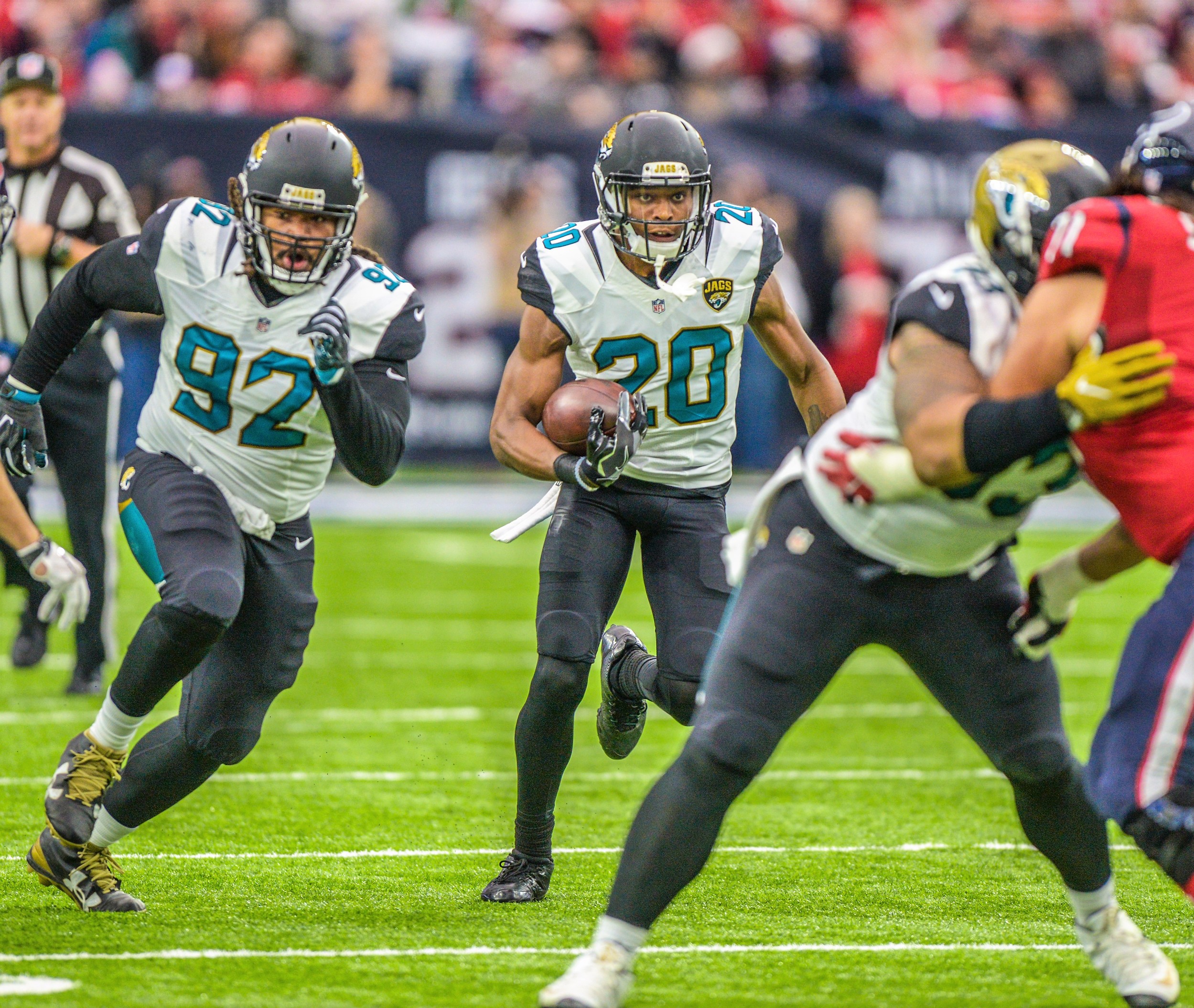 Former FSU star Jalen Ramsey (20) got his first career interception as a pro early in the second quarter of Jacksonville’s game against Houston and returned it 35 yards. Photo by Rick Wilson/Jacksonville Jaguars