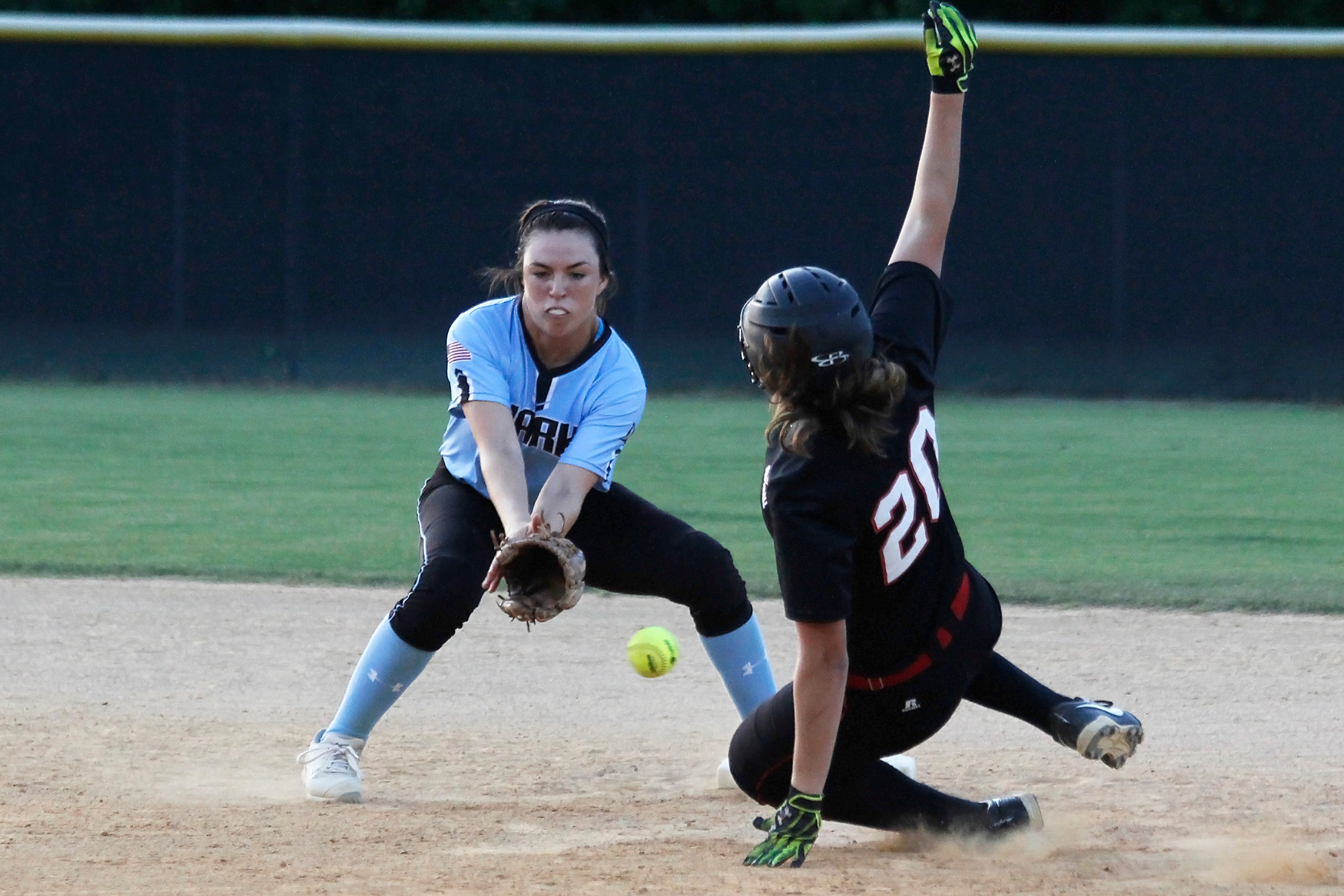 Shark shortstop Michelle Leone awaits the throw to on a Parker steal attempt