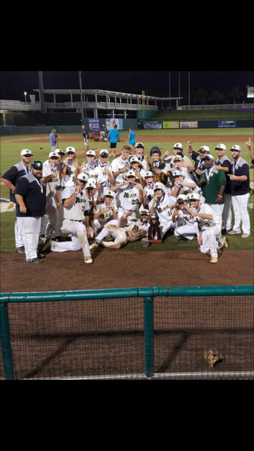 The Nease baseball team gathers around its state championship trophy after defeating King High School, 11-0.