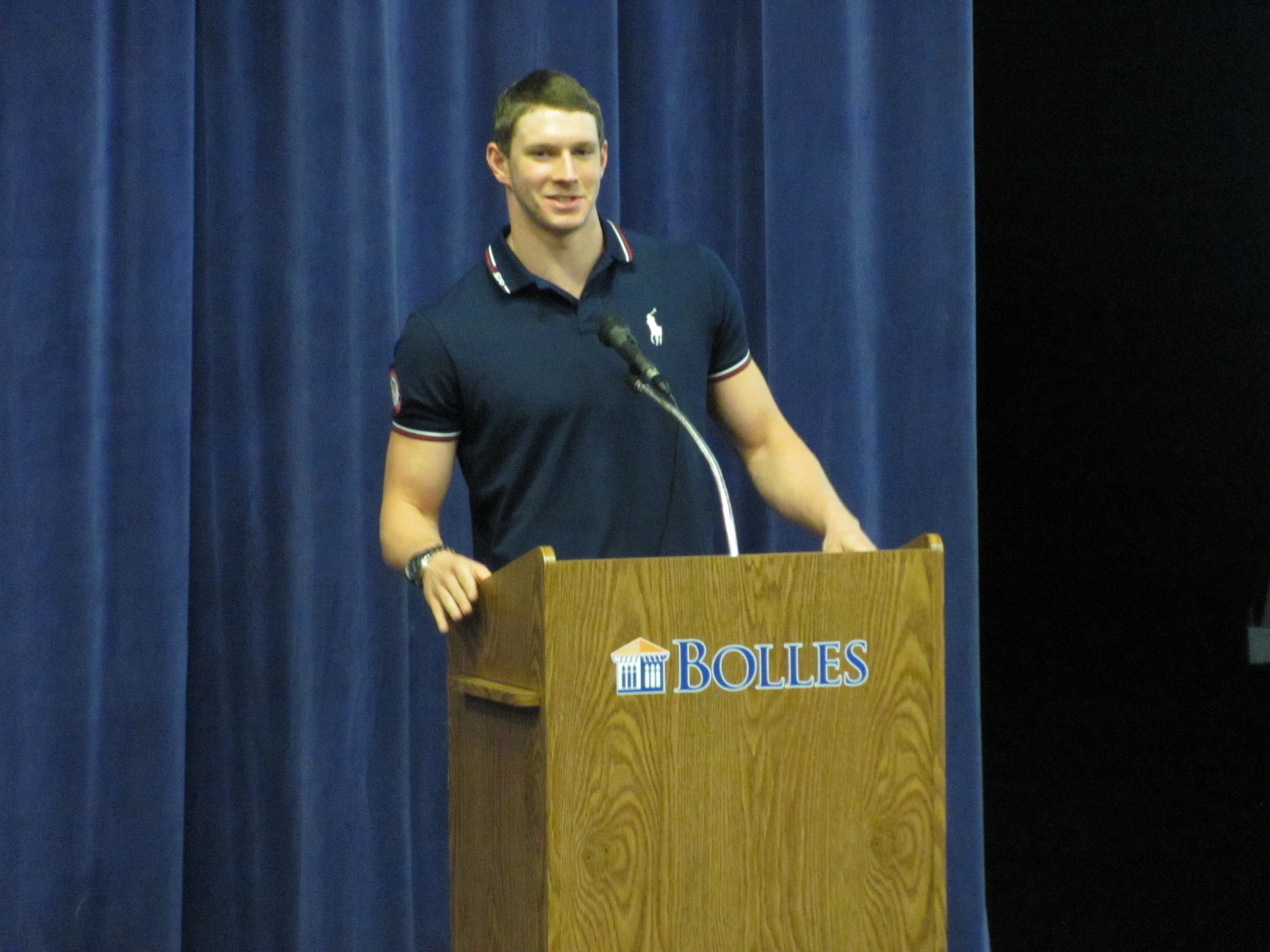 Olympic Gold Medalist Ryan Murphy addresses students at The Bolles School last fall.