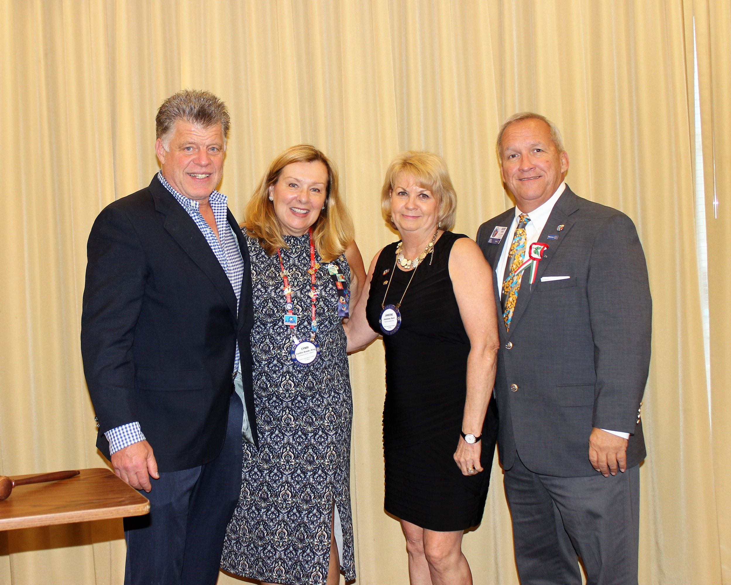 Incoming VP Brian Anderson, Incoming President Cyndi King, Outgoing President Janeene Hart and new District Governor Brent Coates