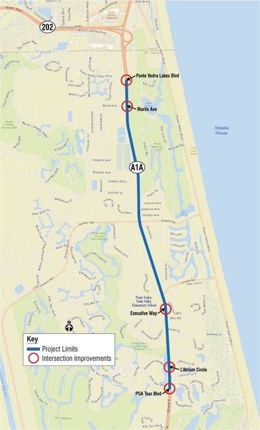 A map displays the locations of five intersections on A1A in Ponte Vedra that will soon undergo traffic signal and crosswalk improvements.