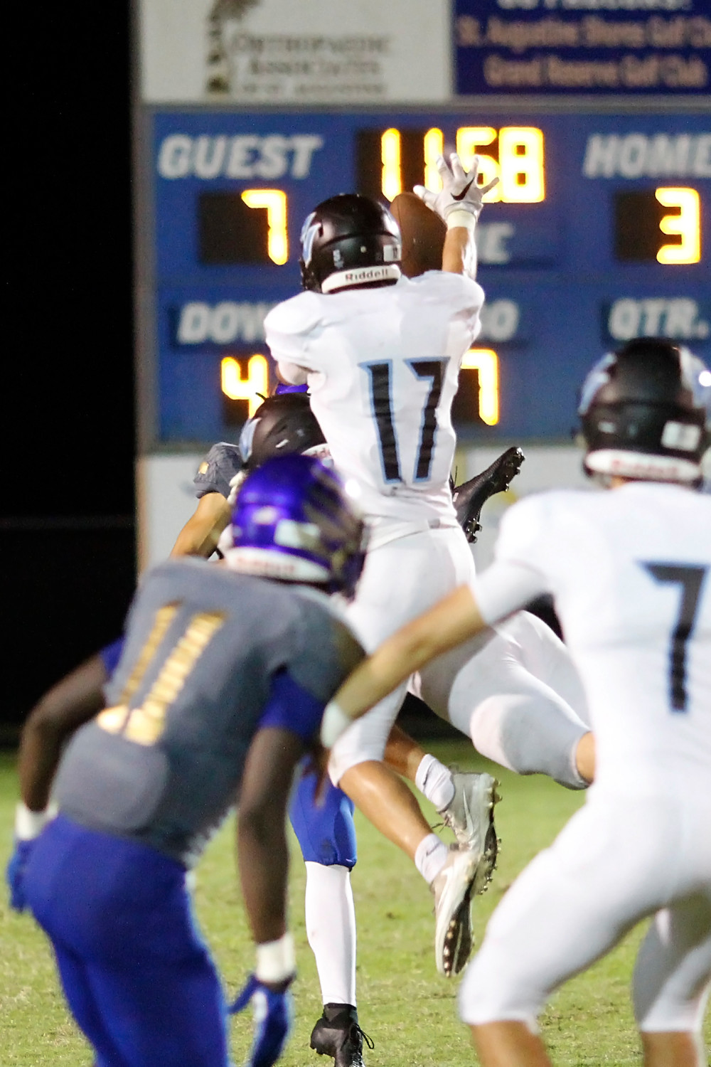 Tommy Zitiello blocks a Pedro punt. Wes Davis recovered the loose ball and returned it for a Ponte Vedra touchdown.