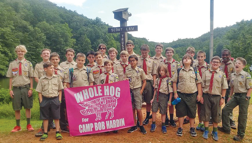 Boy Scout Troop 288 gathers at Camp Bob Hardin in Blue Ridge Mountains this summer.