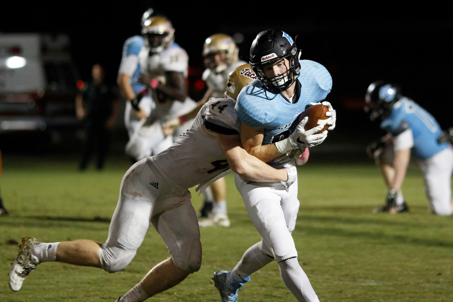 Reese Russi of Ponte Vedra is tackled after catching a Jack Murrah pass.