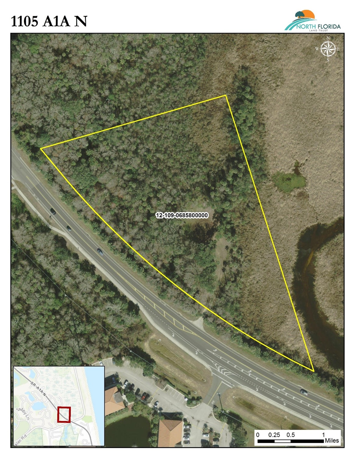 A wetland parcel with 0.55 acres of uplands, this property is advertised for residential or multifamily development.  Located along A1A, the parcel abuts North Florida Land Trust’s Gloria Child Goelz Preserve to the east. The uplands contain a mixture of live oak hammock and cabbage palm, surrounded by the freshwater wetlands of the Guana River.