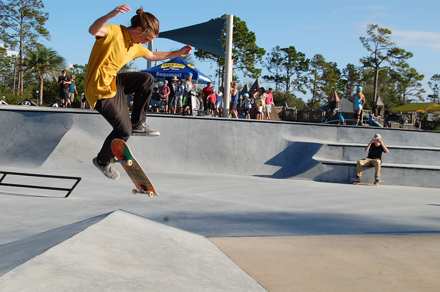 A skater attempts a trick at the “Skate Jam.”