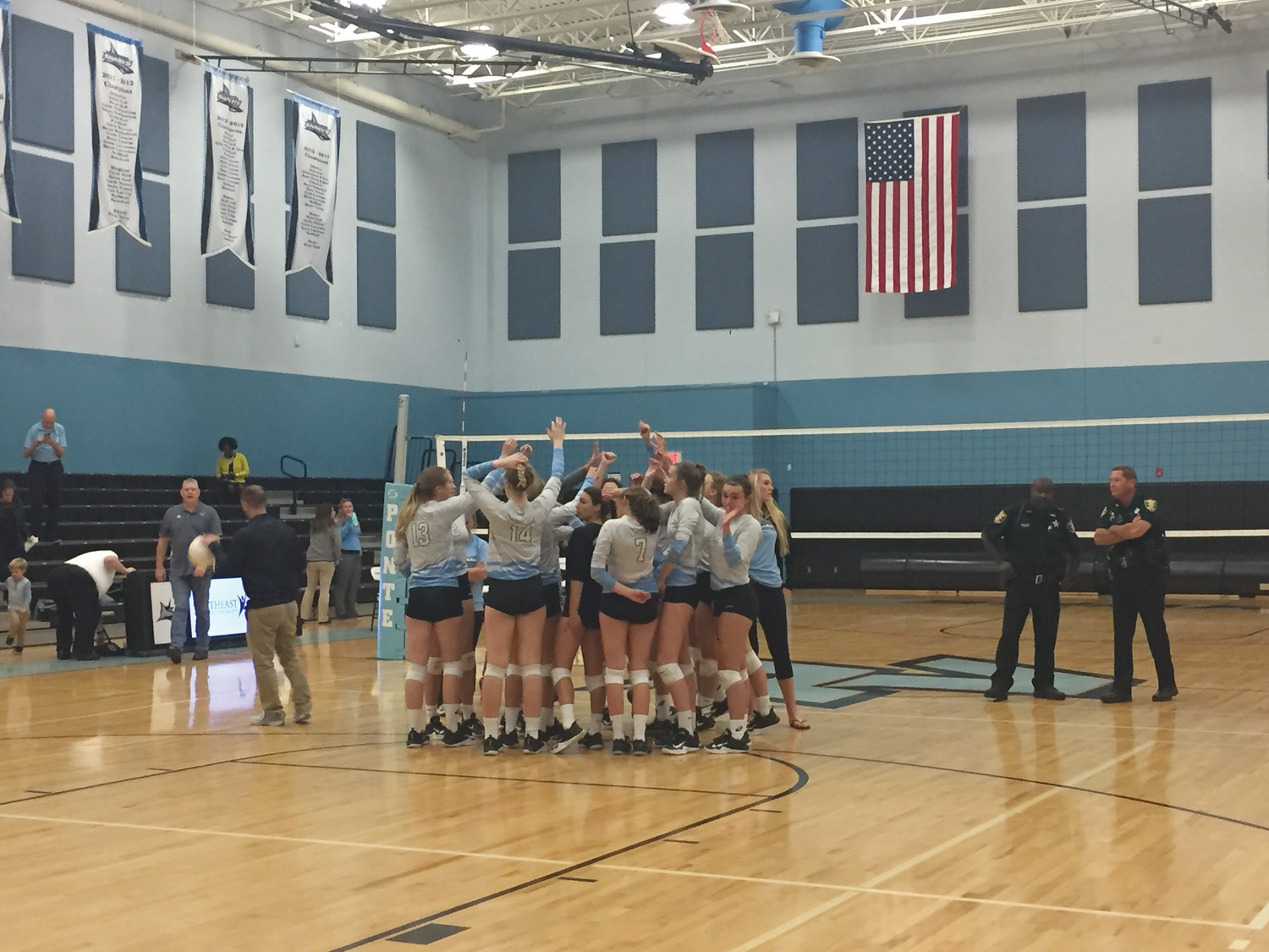 The Ponte Vedra High School girls volleyball squad huddles up during its recent matchup with Santa Fe.