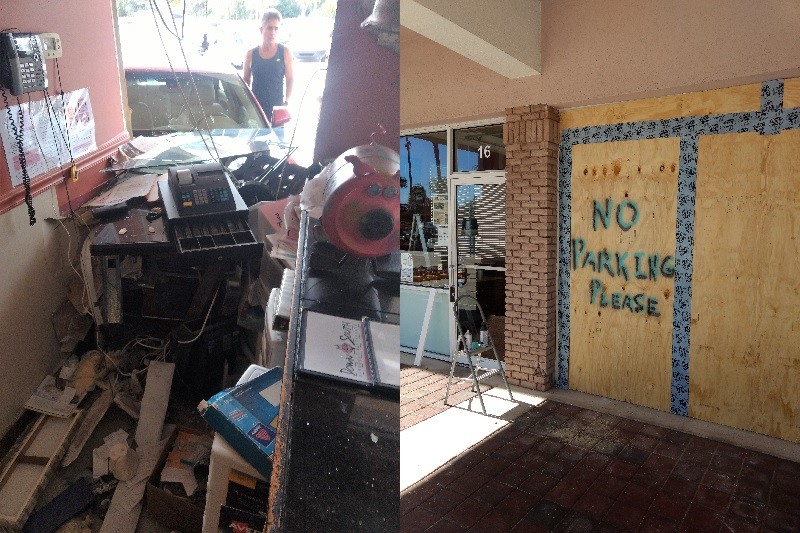 The cash register at Down South Barbecue sits open among the debris (left); the boarded-up front window of Down South Barbecue requests that drivers refrain from parking in the store (right).