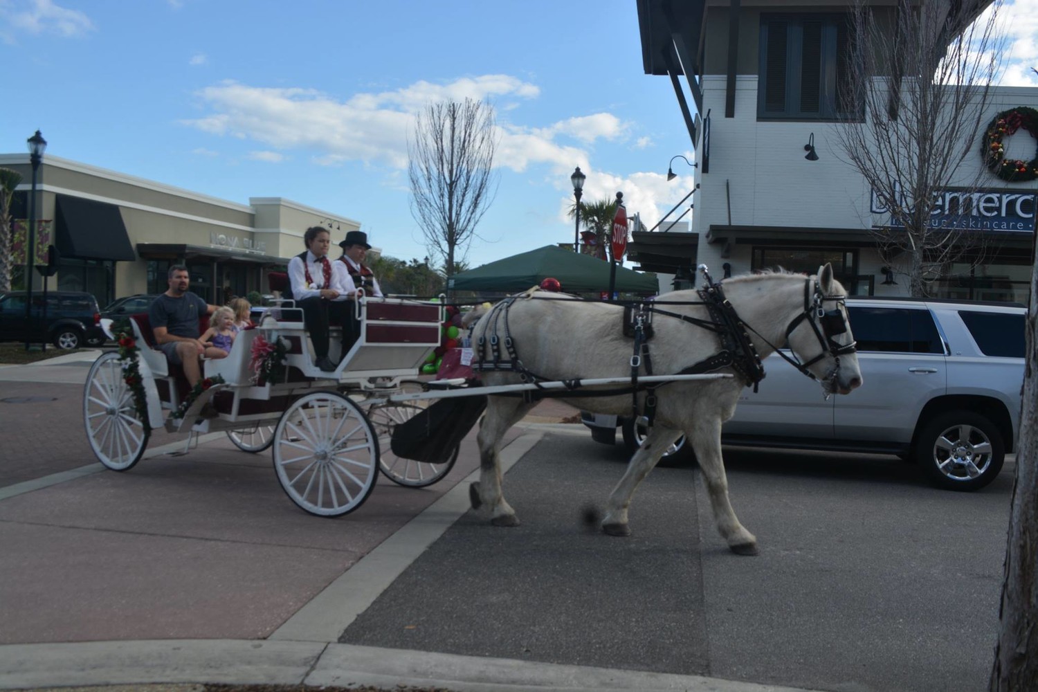 A horse-drawn carriage rolls down the street at Sawgrass Village.