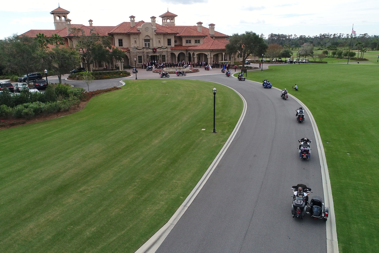 The Rolling Thunder motorcycle group rides their motorcycles up the driveway at TPC Sawgrass for part of a charity luncheon with the Storytellers at TPC Sawgrass.
